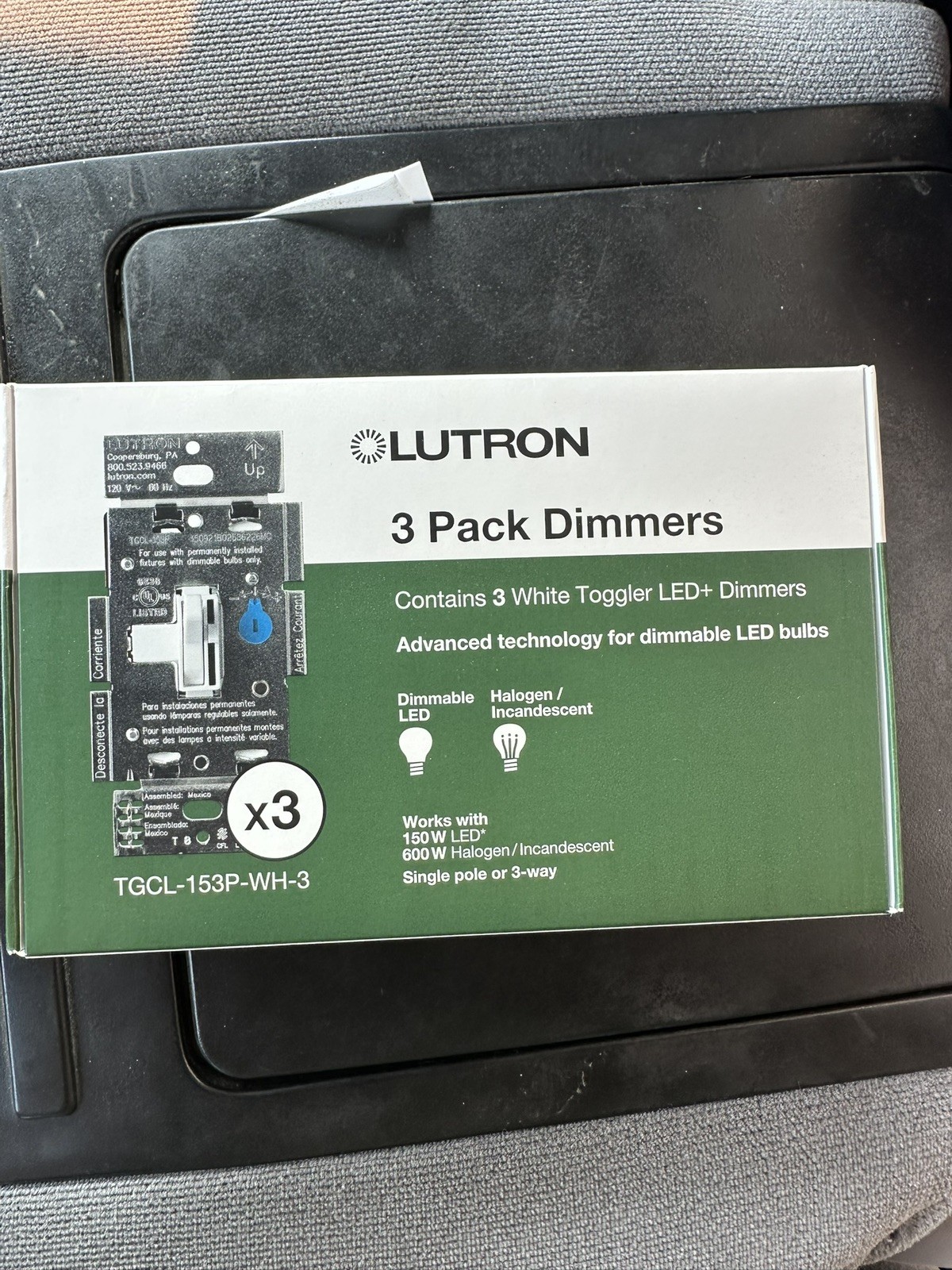 Lutron Toggler 150W LED Dimmer Switch Single-Pole 3-Way White TGCL-153P 3 PACK
