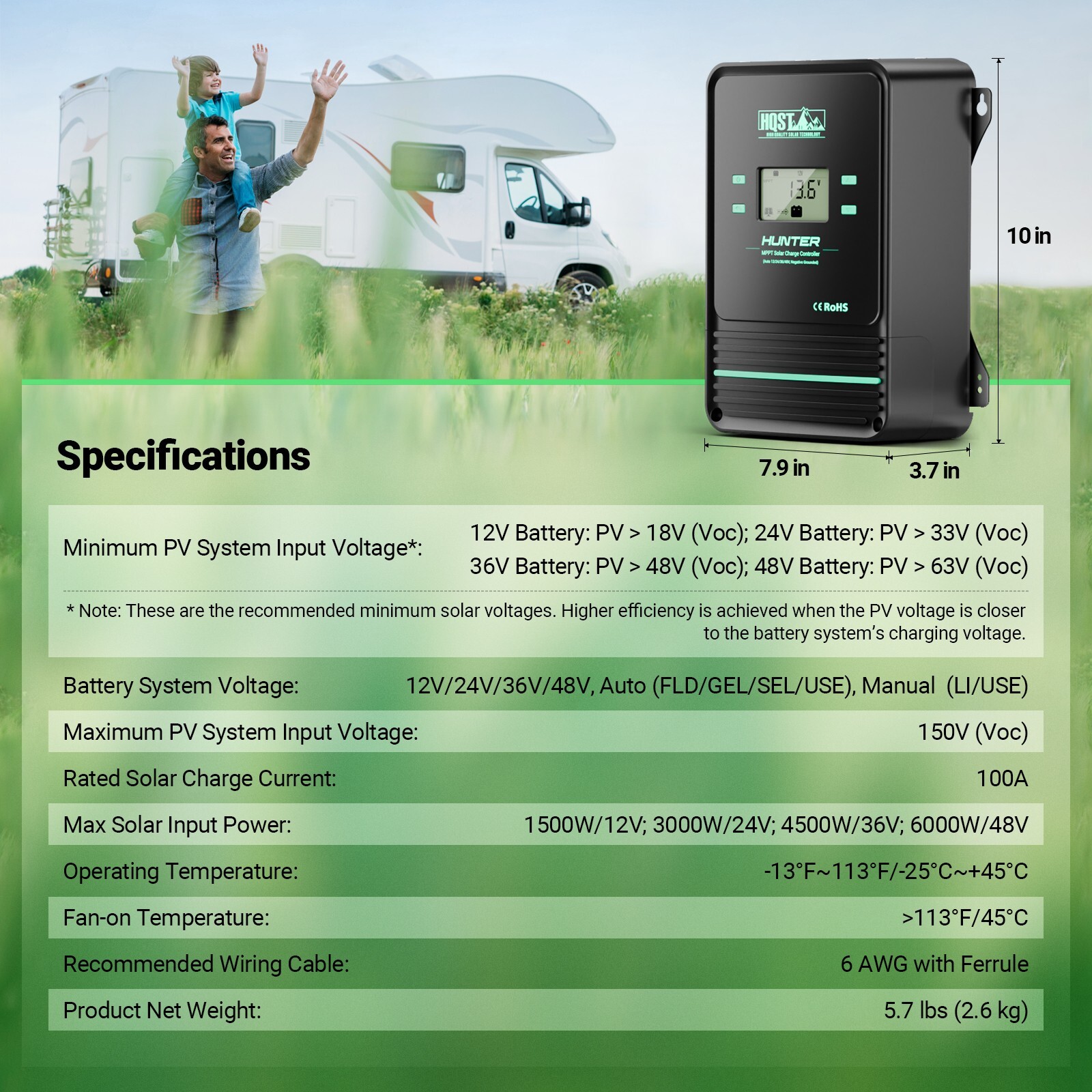 HQST 12V/24V/36V/48V 100A MPPT Solar Charge Controller with Smart APP Control