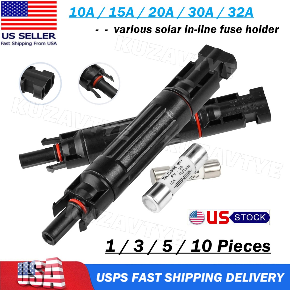 1~10 Pieces x Solar PV Connectors with Built in 10A 15A 20A 30A 32A in-line Fuse