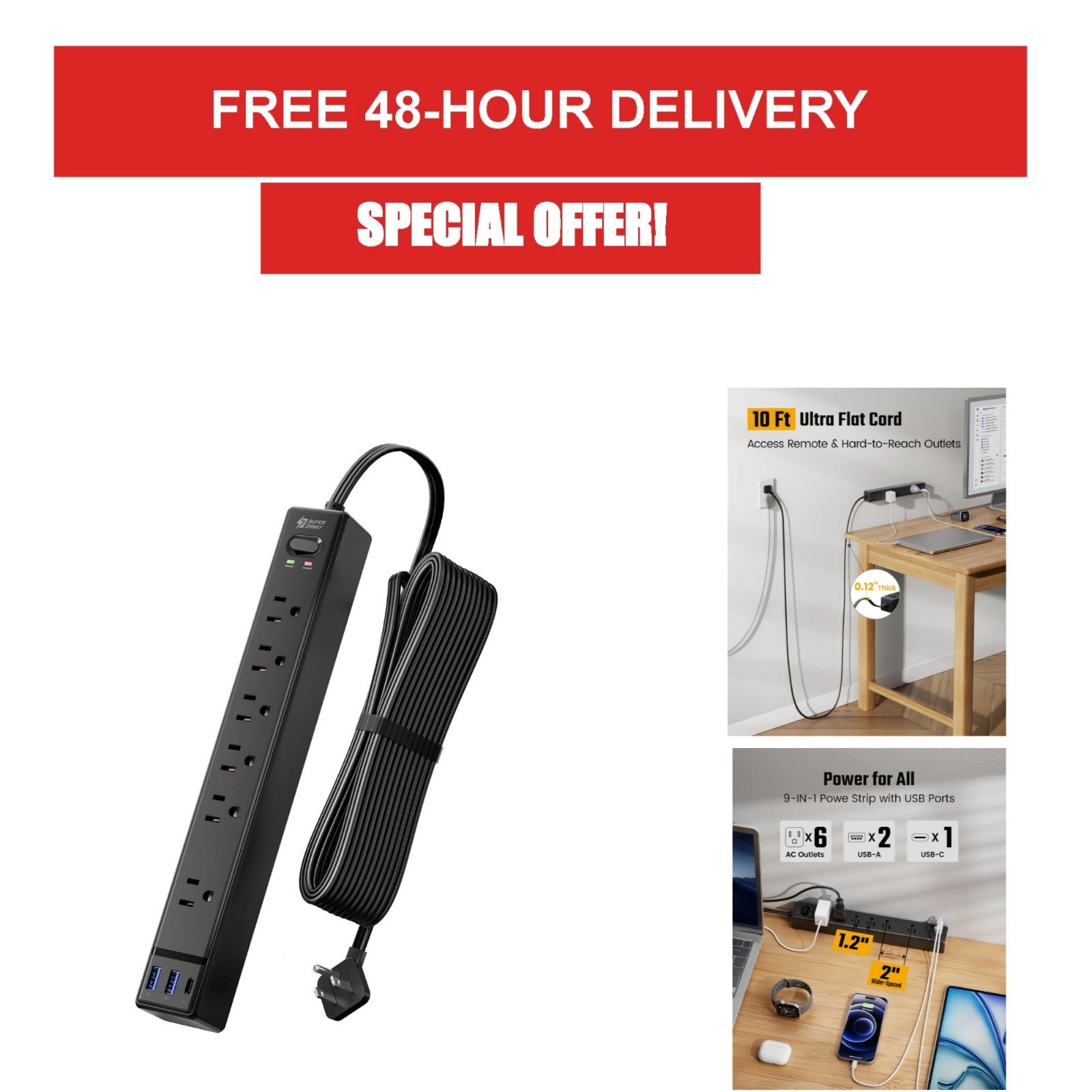 SUPERDANNY 10Ft Surge Protector Power Strip with 6 Outlets & 3 USB