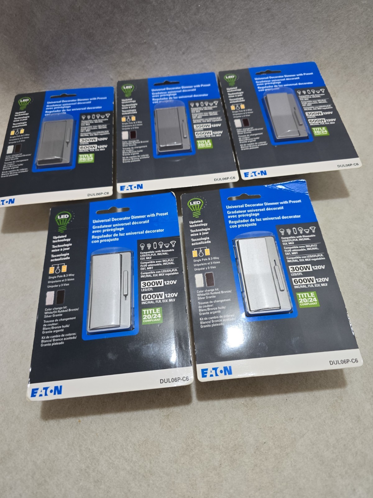 Lot of 5 Eaton LED Universal Decorator Dimmer with Preset DUL06P-C6