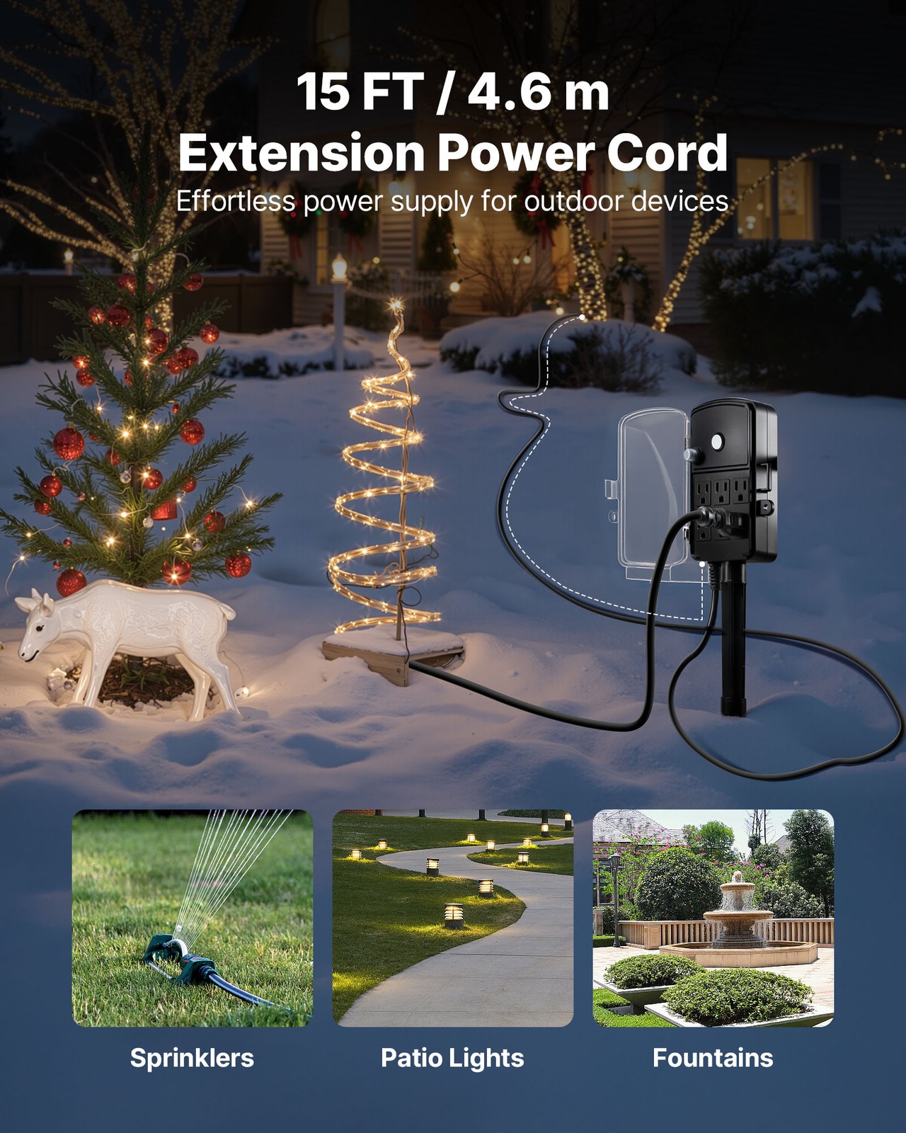VEVOR Outdoor Power Stake Waterproof Power Strip 6 Outlets 15 FT Extension Cord