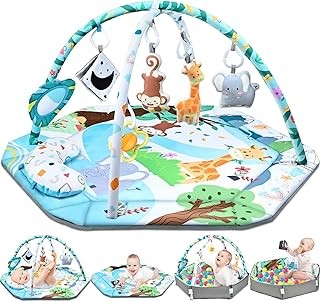 Baby Gym Play Mat, 8-in-1 Tummy Time Mat & Ball Pit with 6 Toys, Washable Baby A