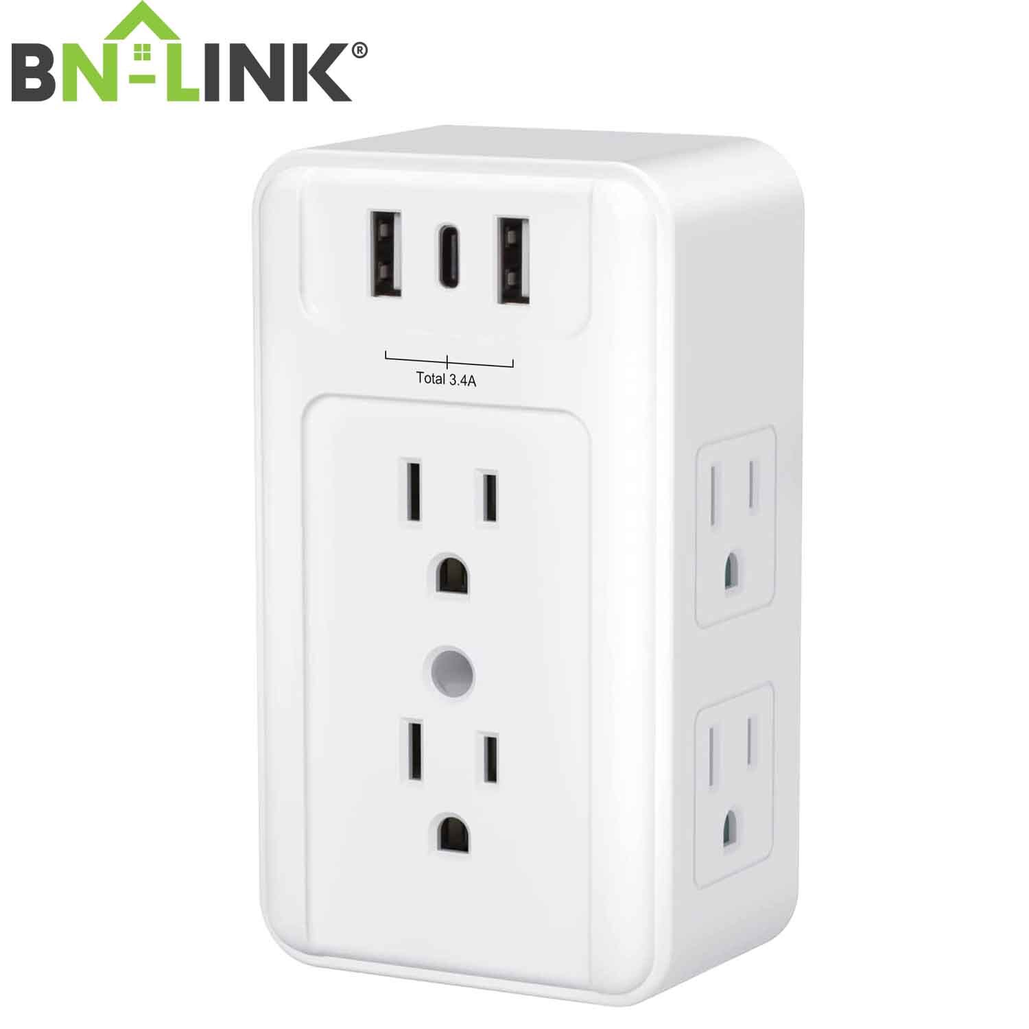 BN-LINK Multi Outlet Splitter Power Strip, 6 Wall Outlets & 3 USB Ports Adapter