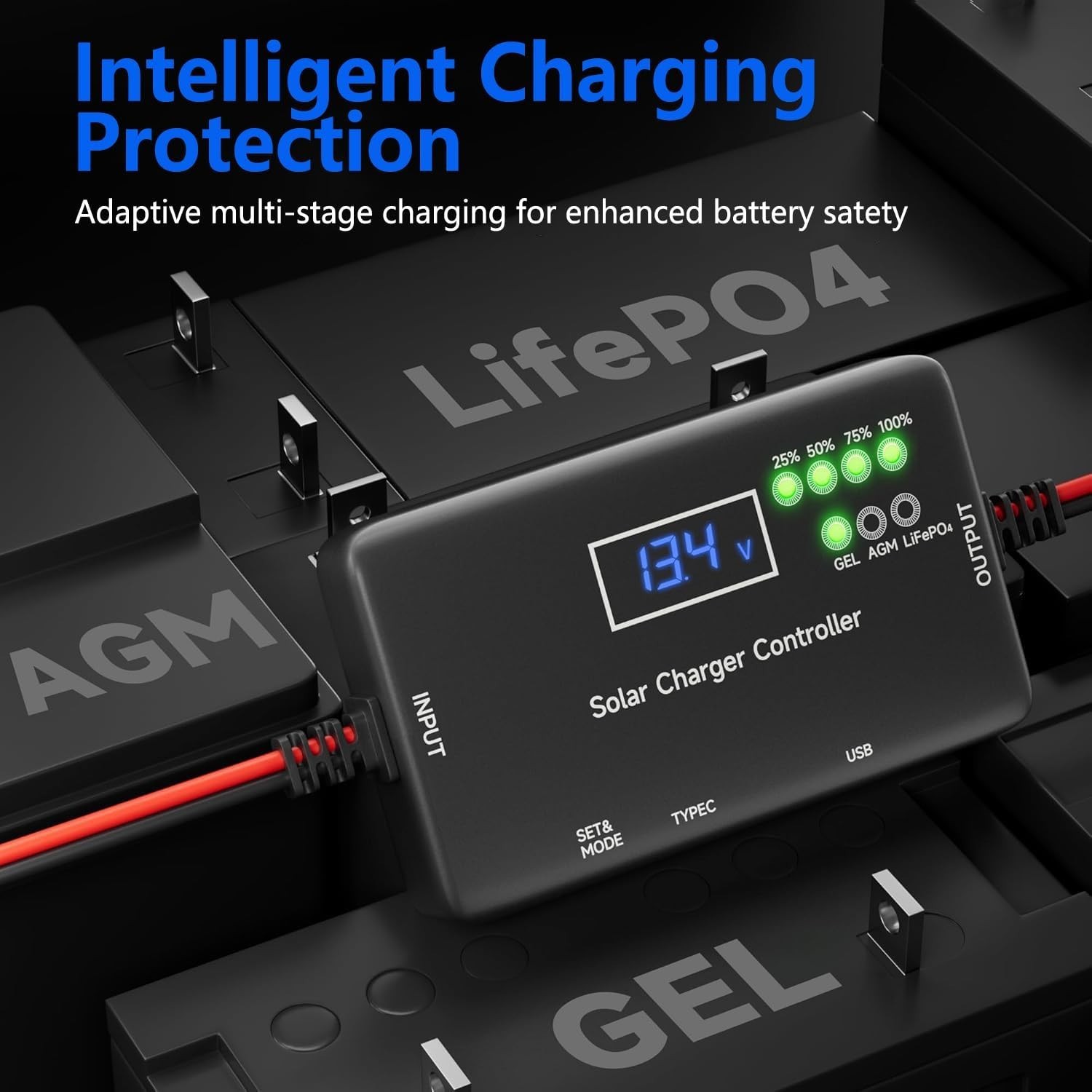 Overload & Overheating Protected Solar Charge Controller with Type-C/USB Ports