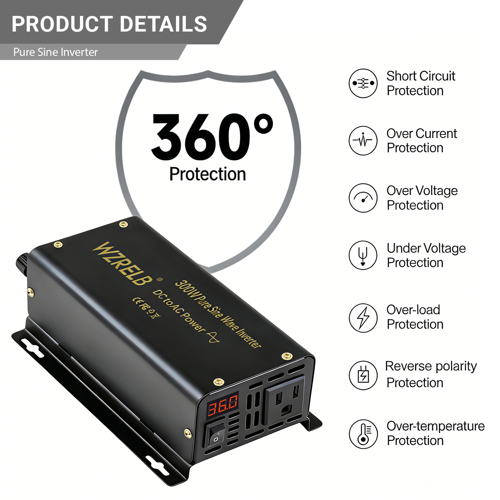 300W Pure Sine Wave Power Inverter 36V to 110V/120V DC to AC 60HZ LCD camp rv