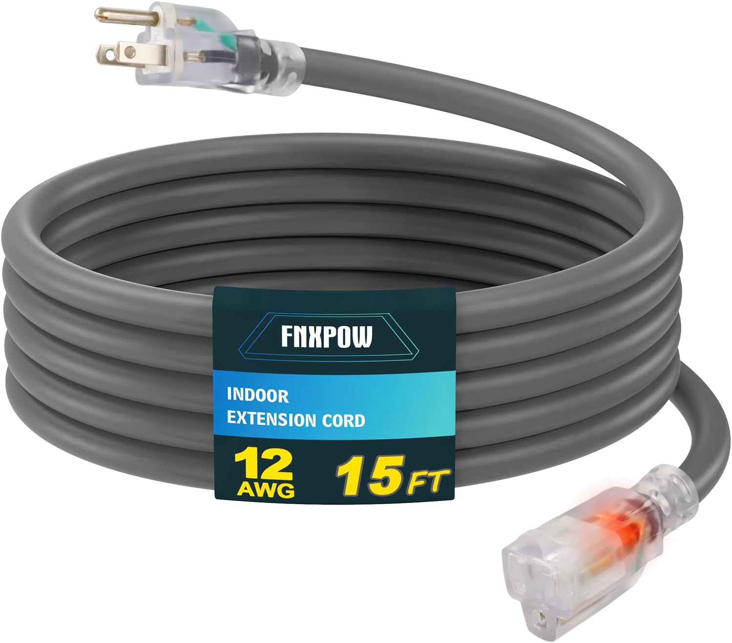Indoor Outdoor Extension Cord, 12 Gauge 3 Prong Weatherproof Heavy Duty Gray Ext
