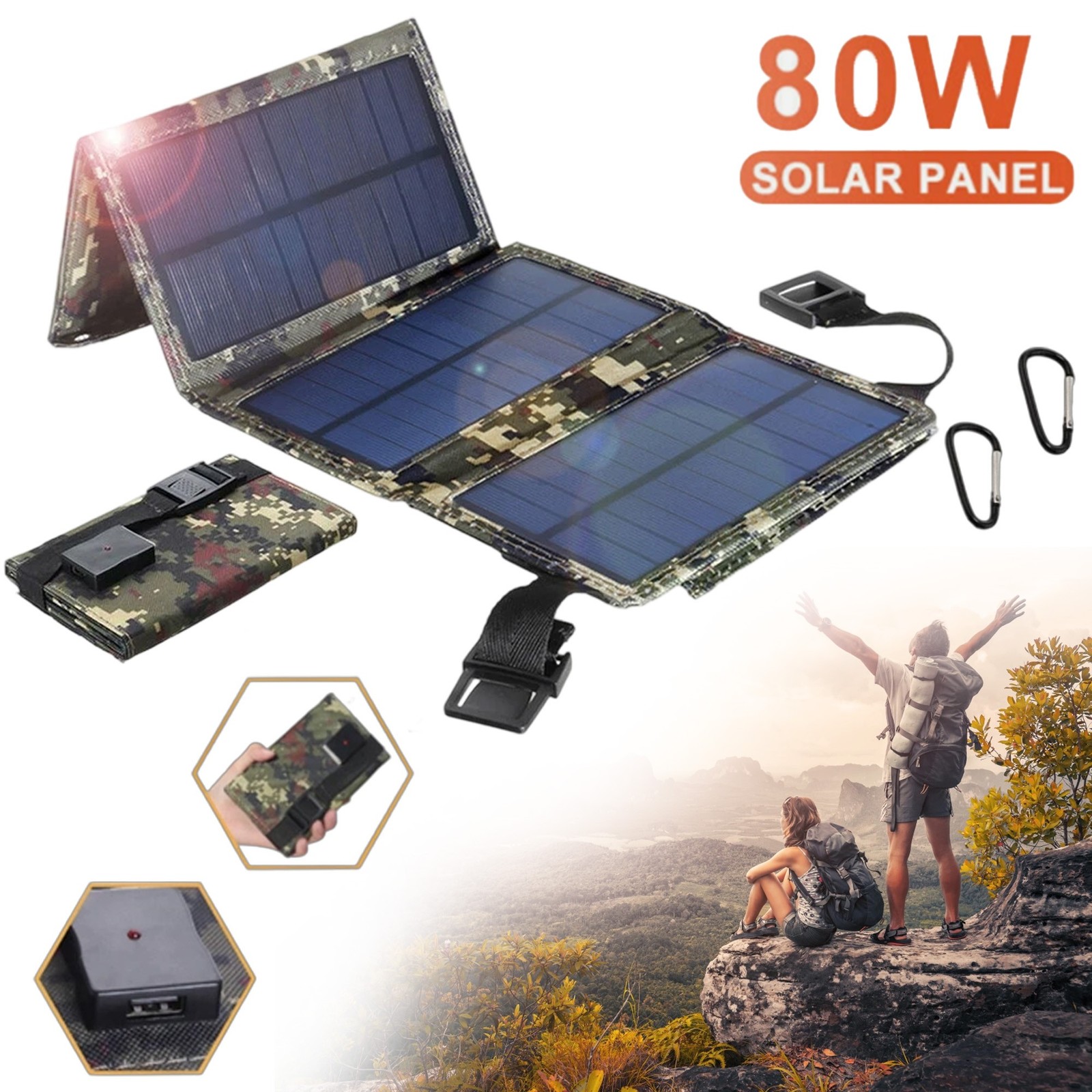 80W Foldable USB Solar Panel Charger Power Bank for Camping Hiking