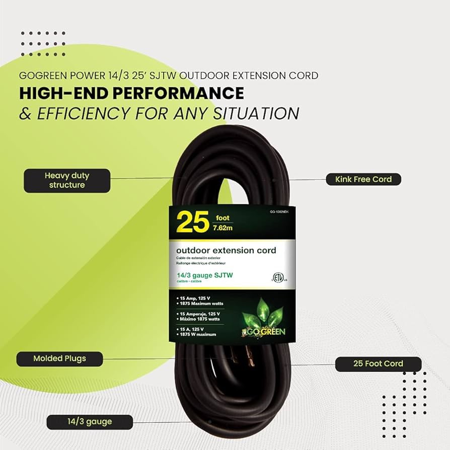 GoGreen Power 25’ 16/3 Heavy Duty Extension Cord – Black, NEW, FACTORY SEAL