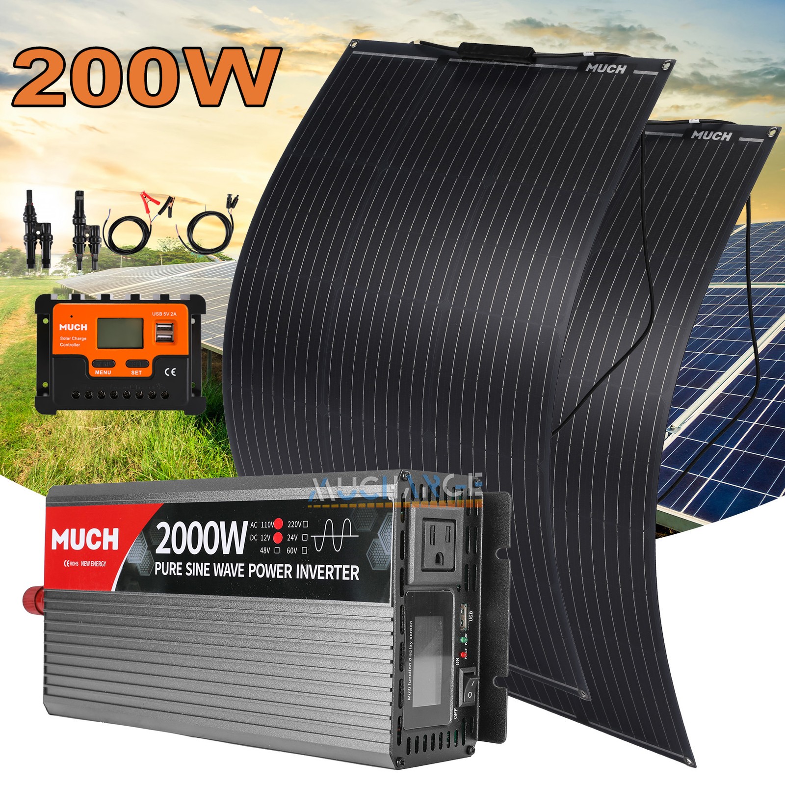2000W Inverter & 200W Flexible Mono Solar Panel Outdoor Portable For Boat Home