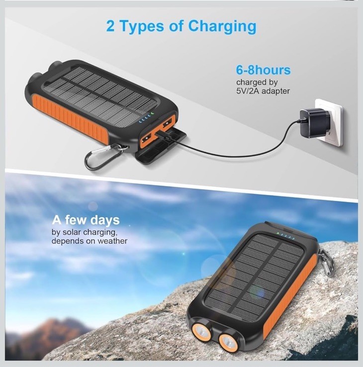 20000mAh Solar Power Bank Portable Charger USB-A/C 5V/3A Output Waterproof