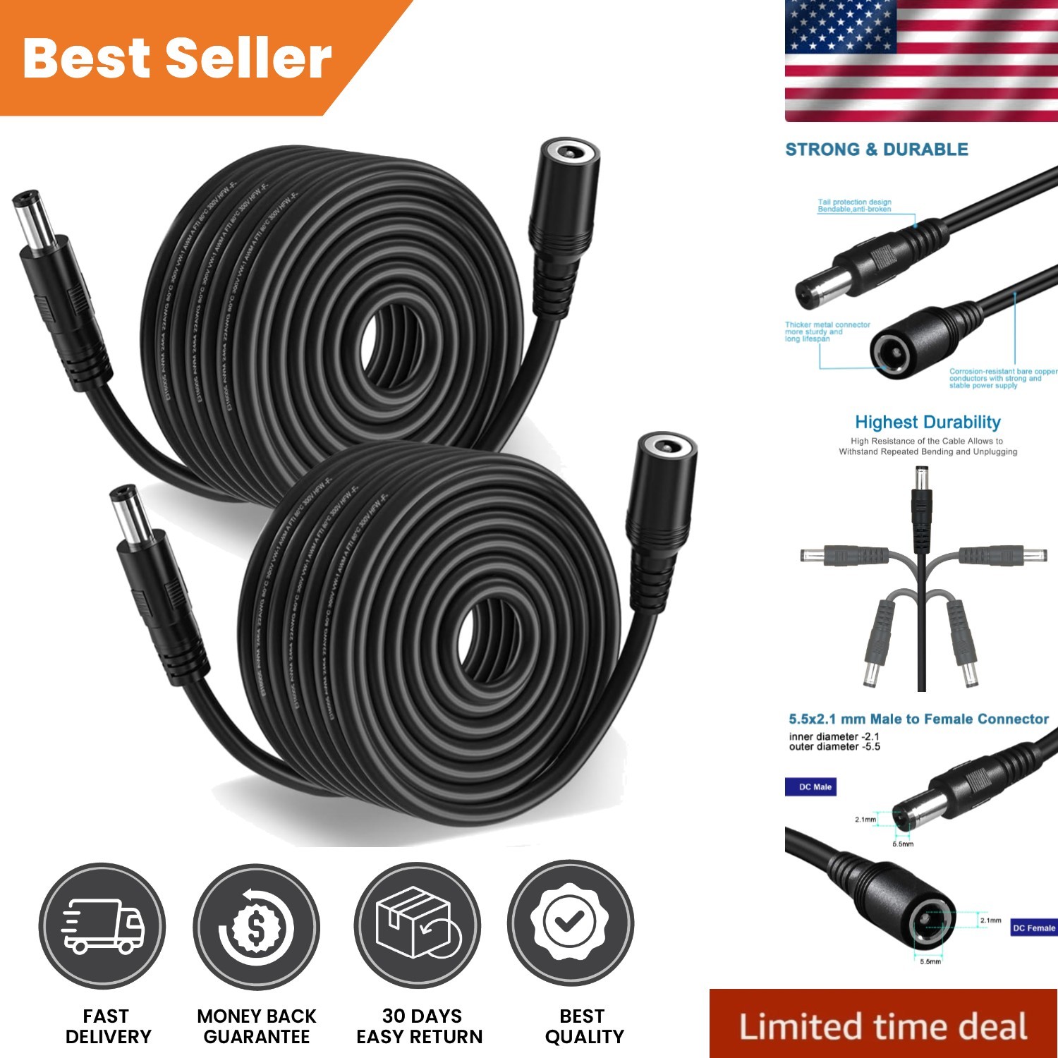 20FT Long-Lasting DC Extension Cable 5.5mm x 2.1mm for Secure Power Supply