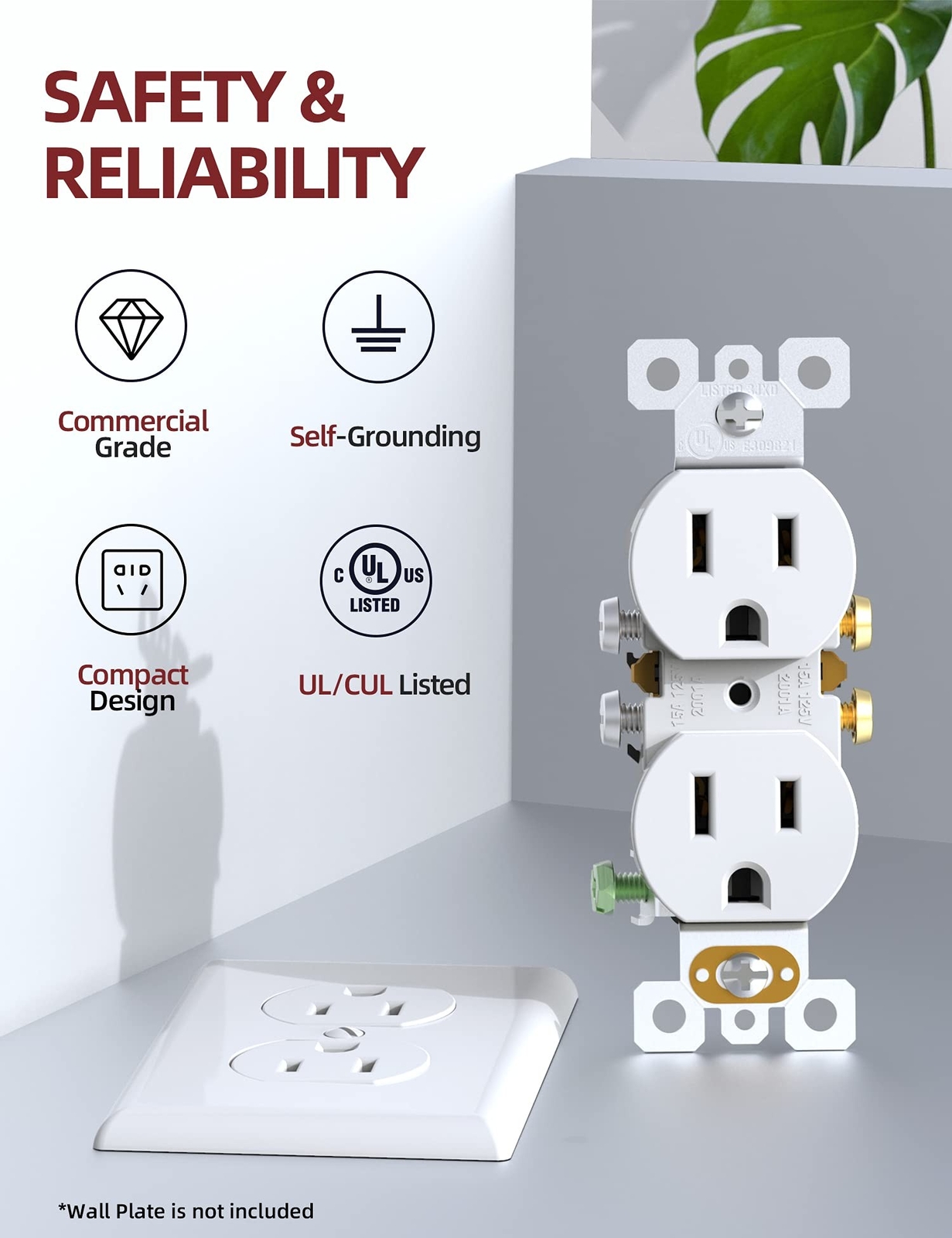 AIDA Duplex Receptacle Wall Outlet, Residential, 3-Wire, Self-Grounding, 15Am…