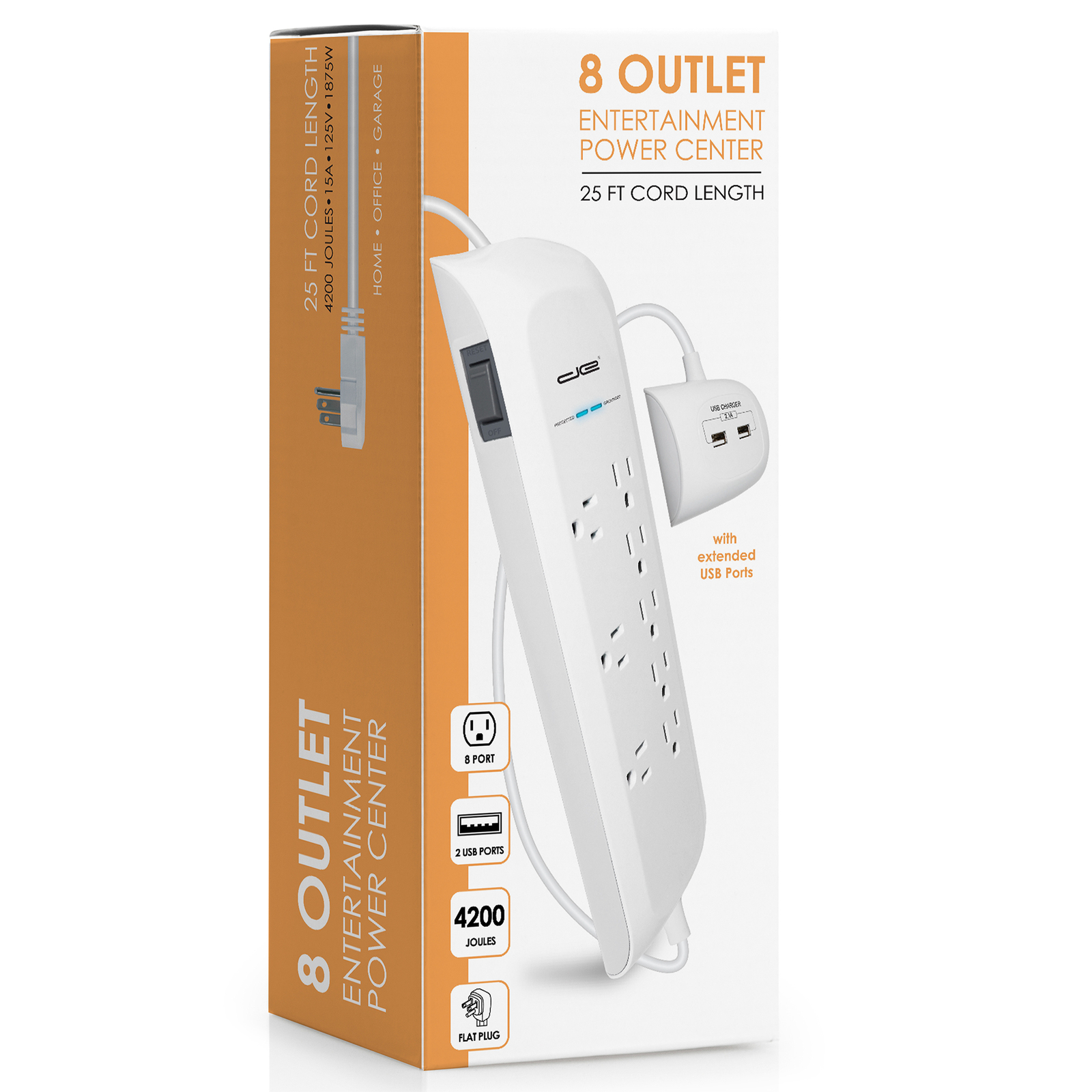 8 Outlet 25FT Surge Protector Power Strip with Separated 2 USB Ports Strip,White