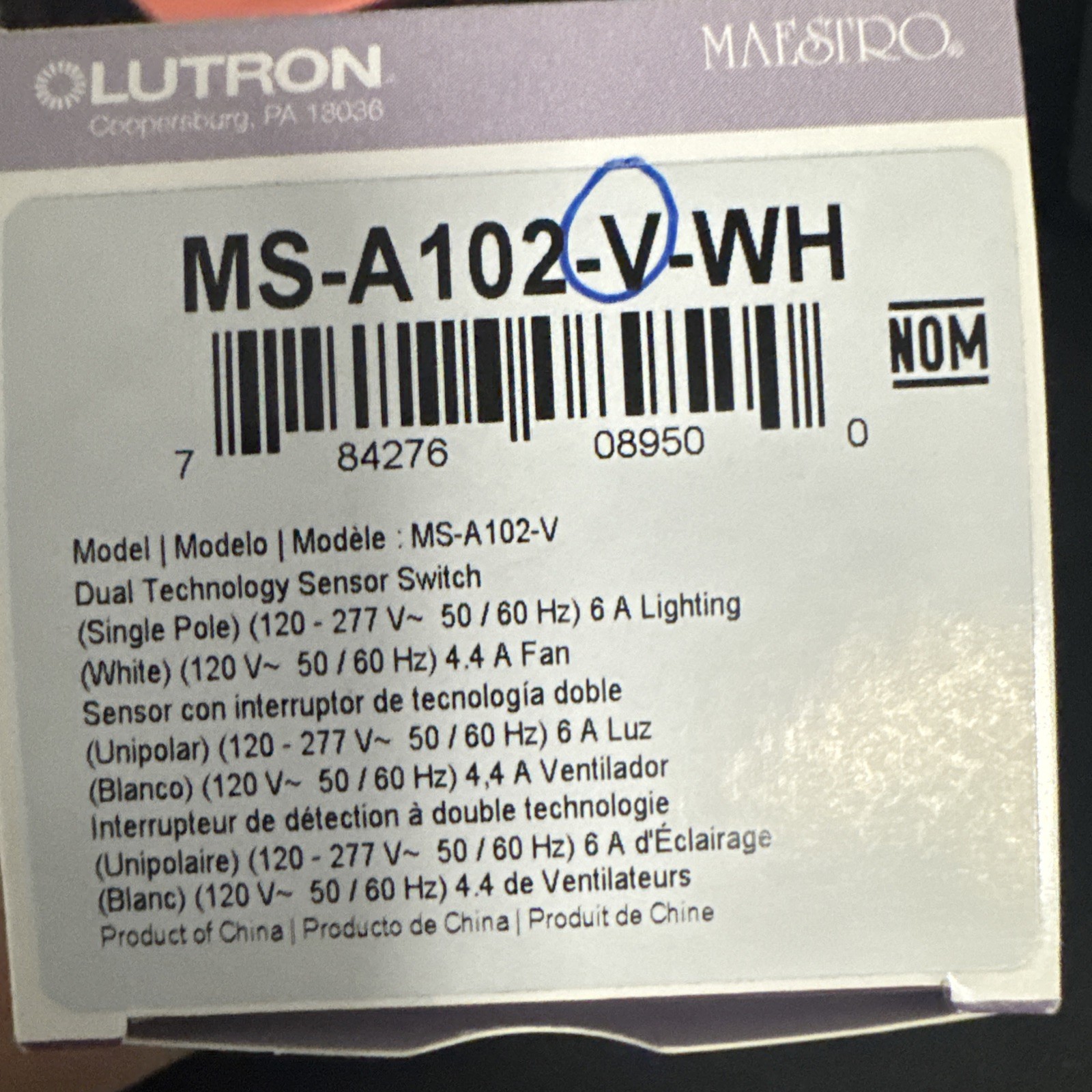 Lutron Maestro Motion Detector Light Switch MS-A-202-WH