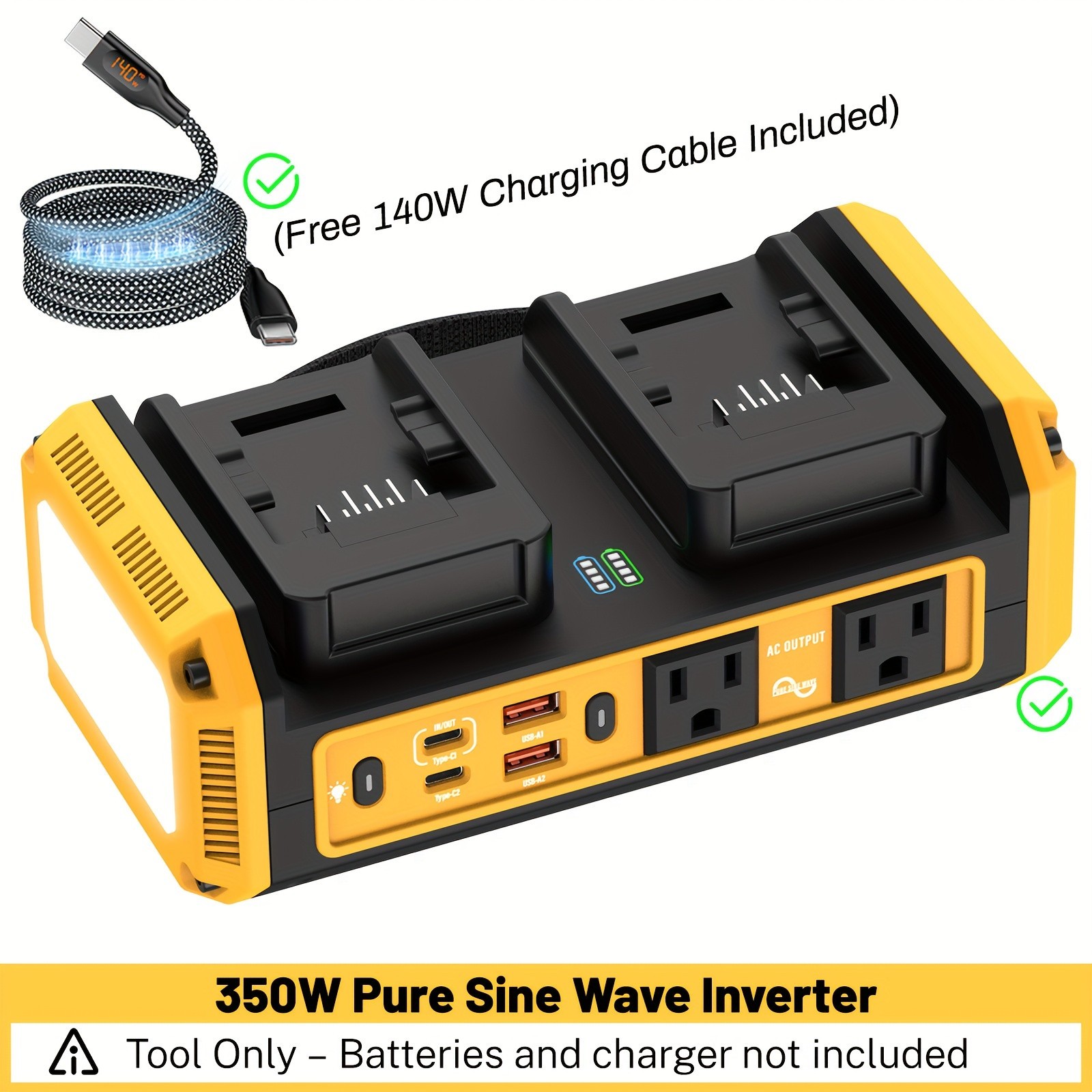 350W Pure Sine Wave Power Inverter Compatible with Dewalt 20V Battery