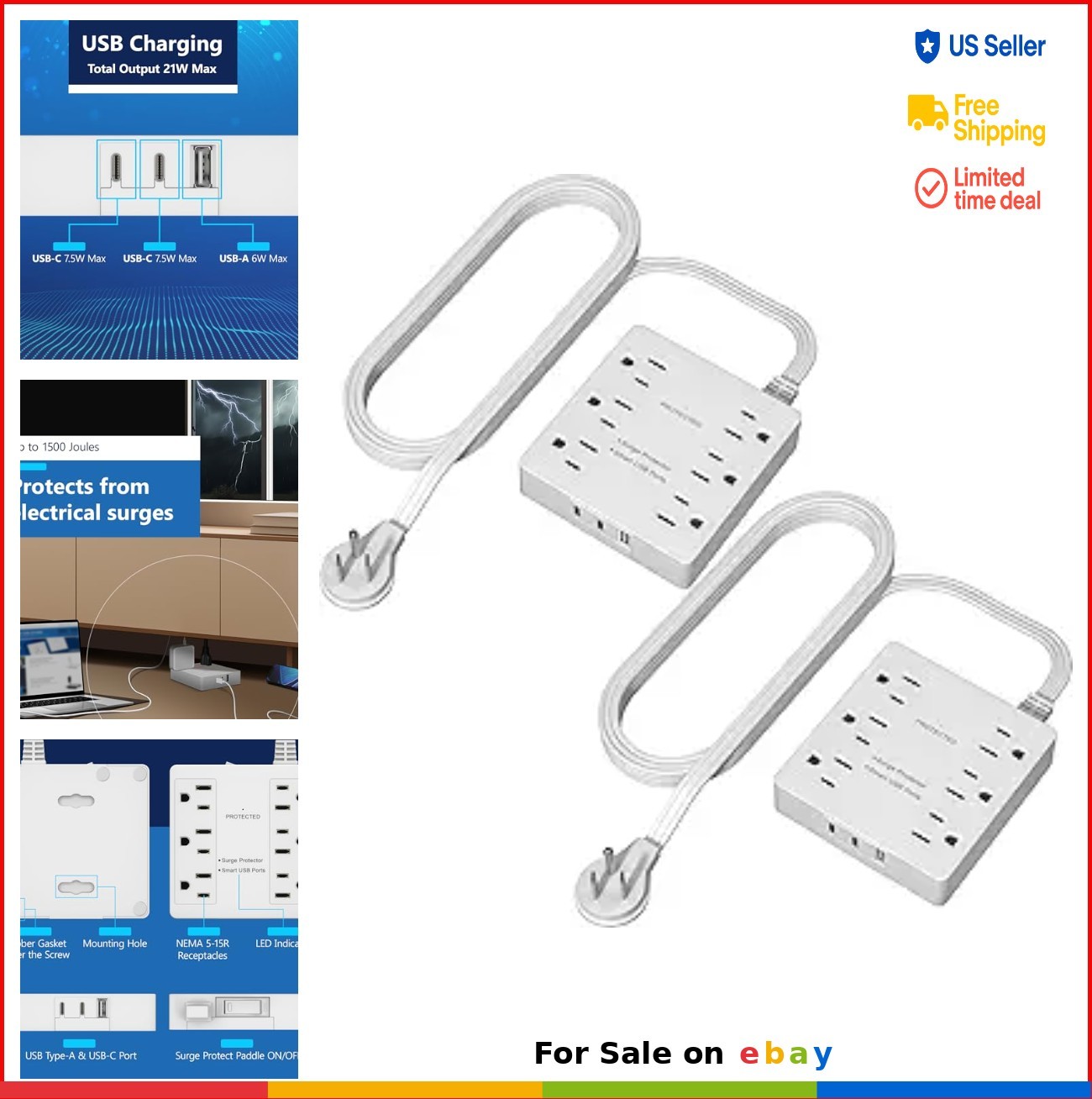 6 Outlet Power Strip USB A C Charging Surge Protector 1500 Joules 5ft Cord Flat