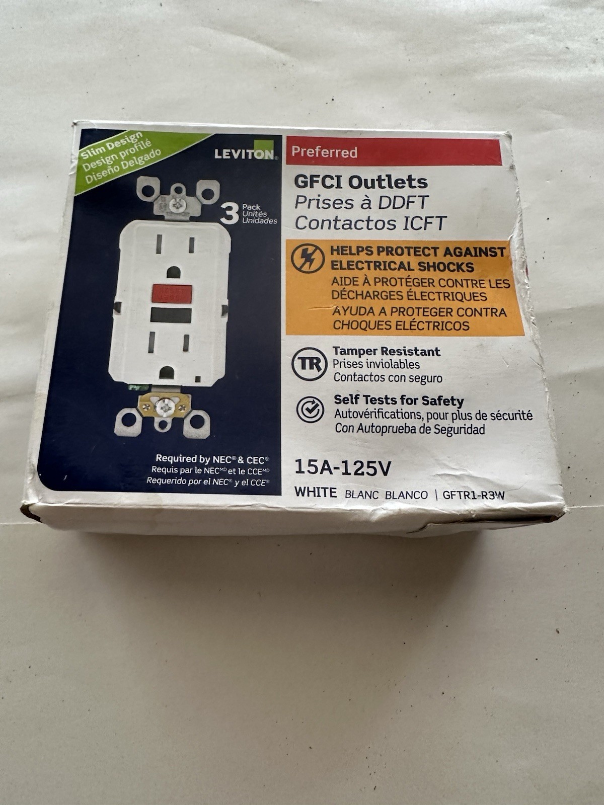 1 Pack (3) GFCI Outlets ~ Tamper Resistant ~ White ~ Slim Design