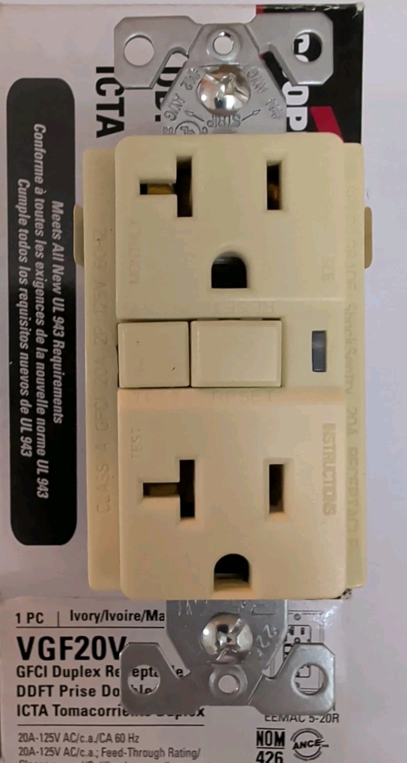 Cooper ® Ivory GFCI VGF20W Duplex Receptacle – New In Box, Complete.