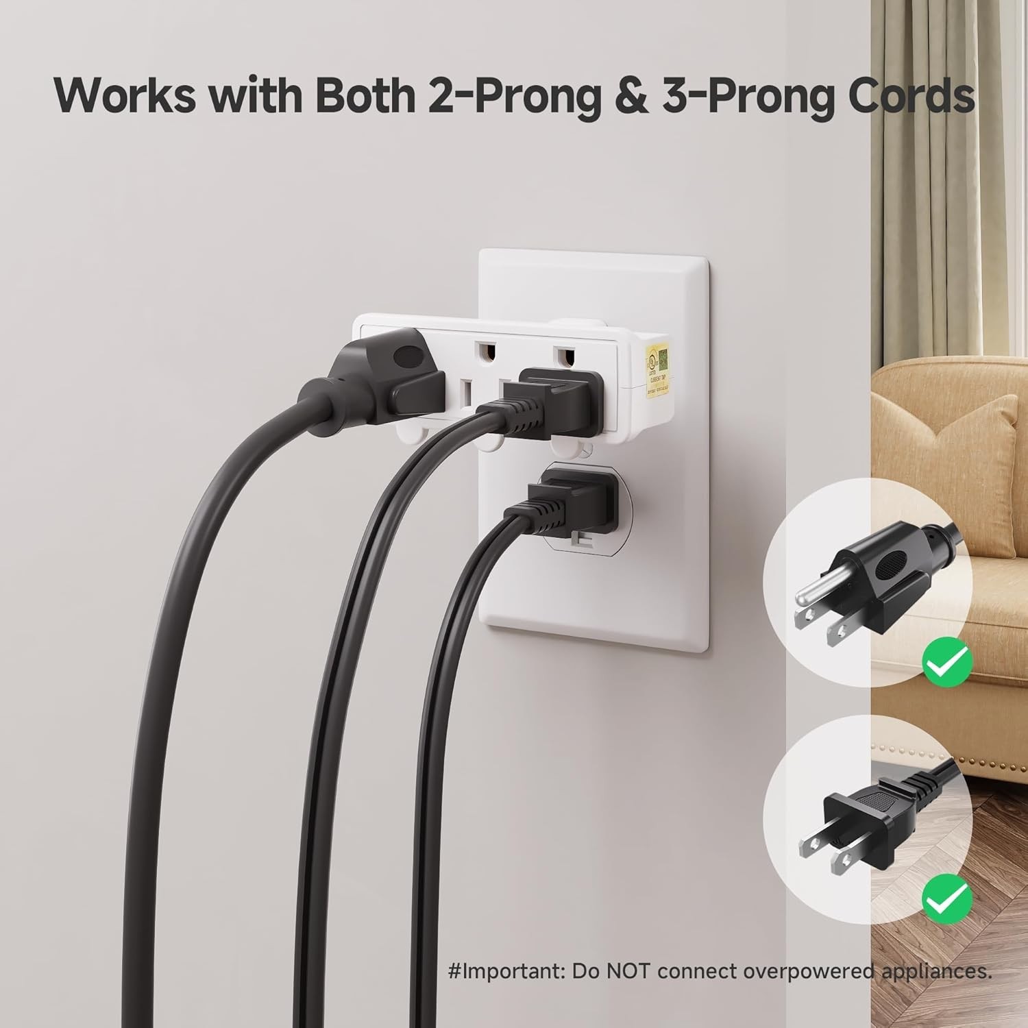 Listed 2-Pack 3-Outlet Grounded Swivel Wall Tap