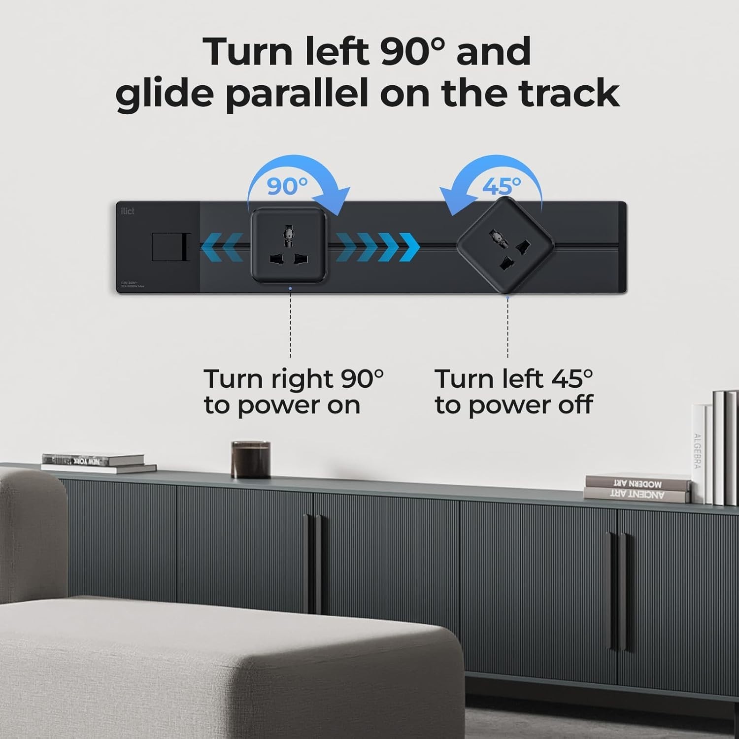 Illus 24in Power Track Socket Outlet 8000W Black Modern Wall Mount USB 3 Outlet