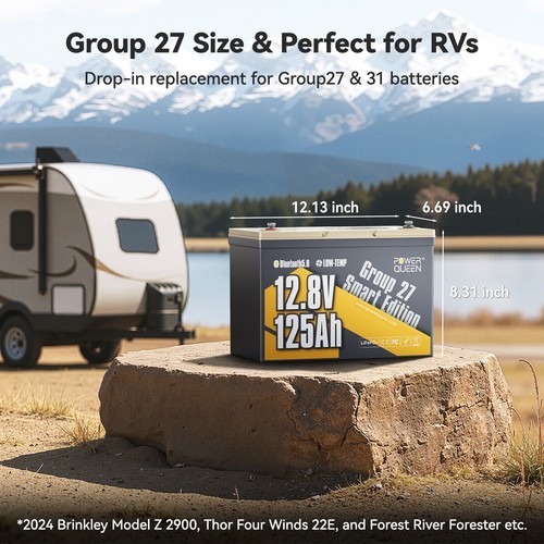 Power Queen 12V 125Ah Group27 Bluetooth Lithium Battery 1600Wh for Boat Solar RV