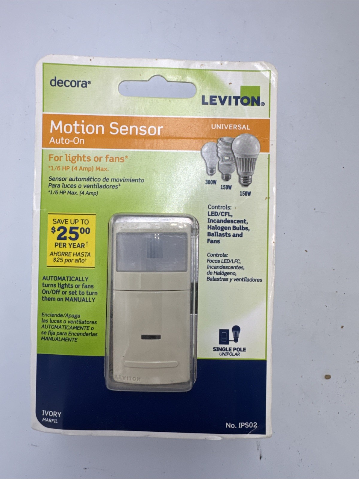 Leviton IPS02 Decora Auto-On Universal Motion Sensor, Ivory, NEW
