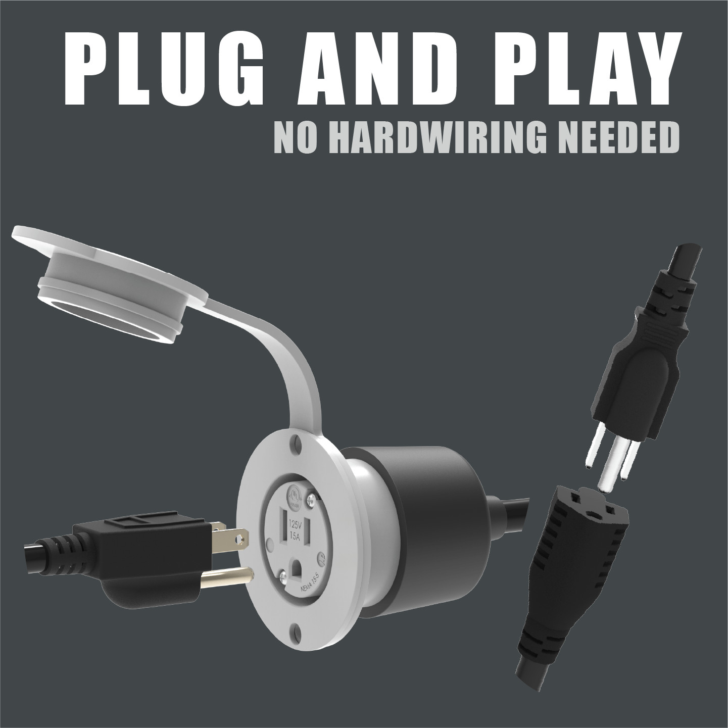 10FT 15A Waterproof Outdoor Power Port Wall Outlet Kit Extension Cord 10 Feet
