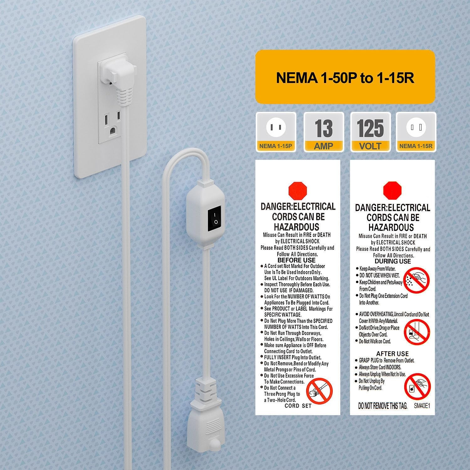 6FT On Off Switch Extension Cord, Plugrand Angled 2Prong Polarized Cord