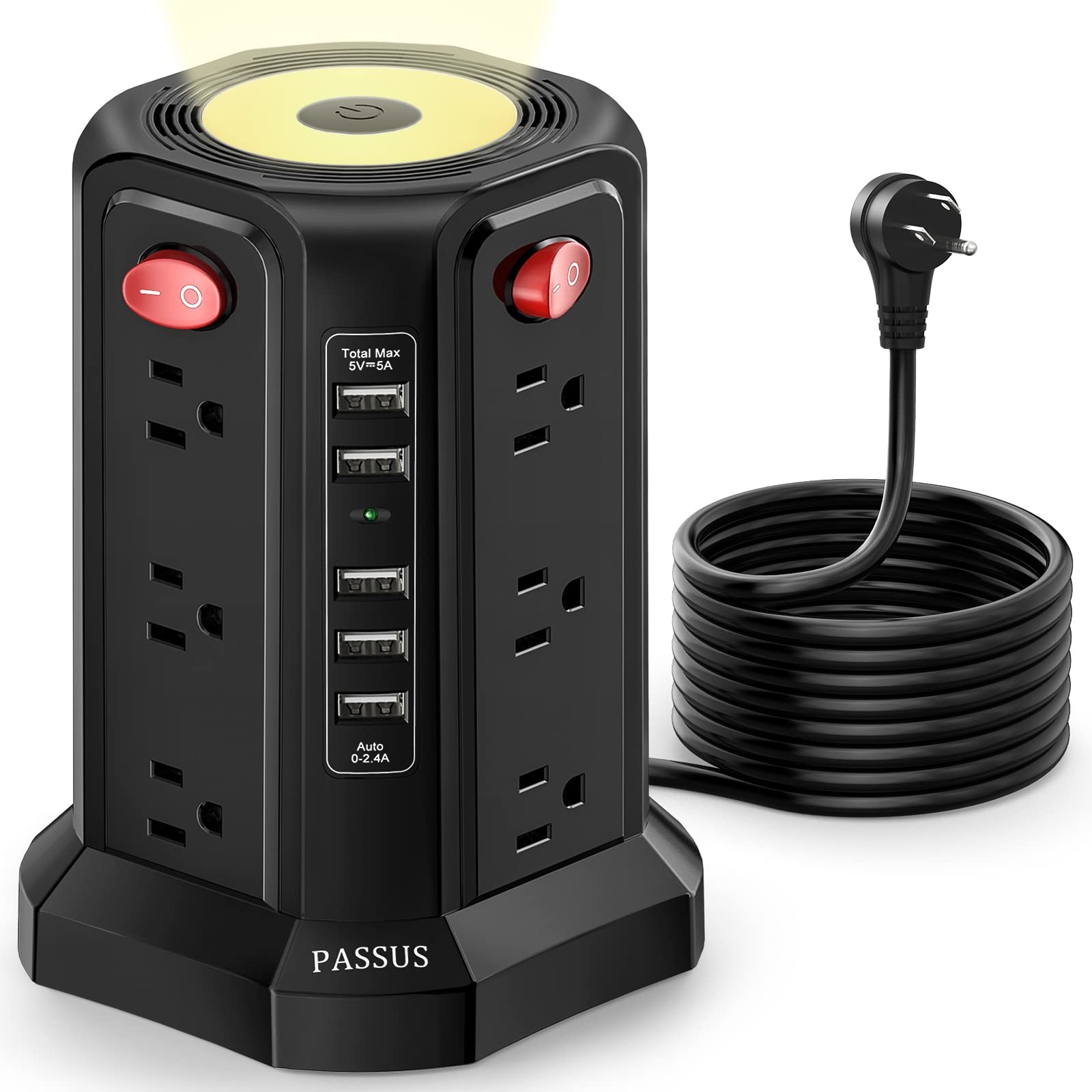 Surge Protector Power Strip Tower with 5 USB Ports and 10FT Cord, 12 AC Outlets