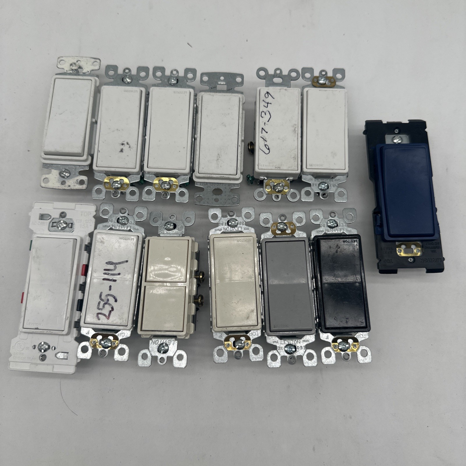 Lot Of 13 Misc White, Black, Gray, Blue, Leviton Single/Double Paddle Switches