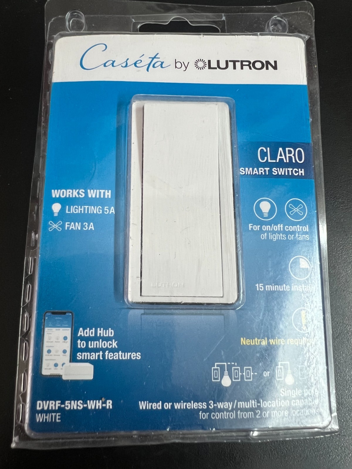 Lutron Caseta Claro Smart Switch for Lights & Fans 5A/3A DVRF-5NS-WH-R 3389