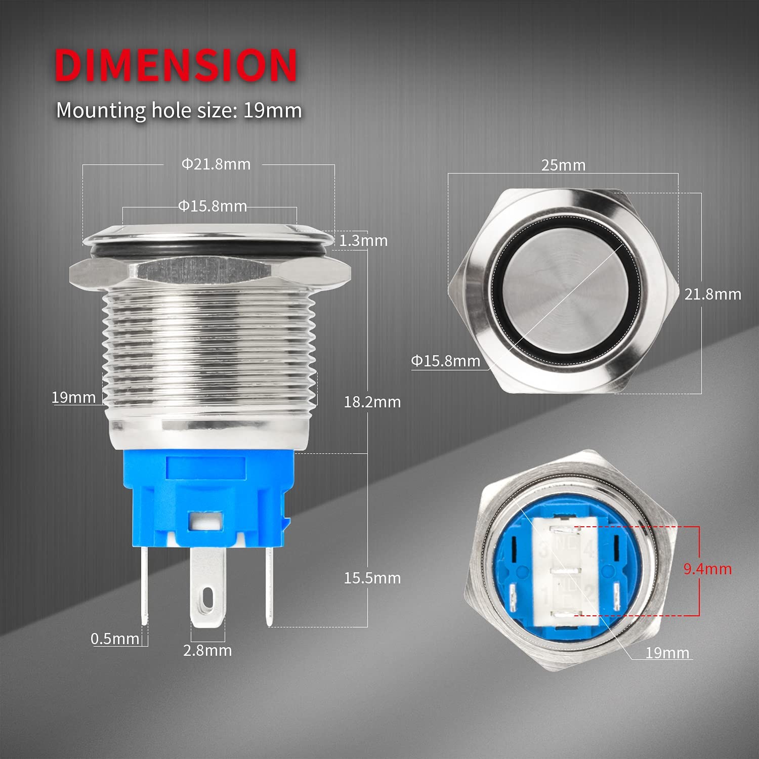 12V Latching Push Button Switch Marine Waterproof Round Blue LED Pushbutton