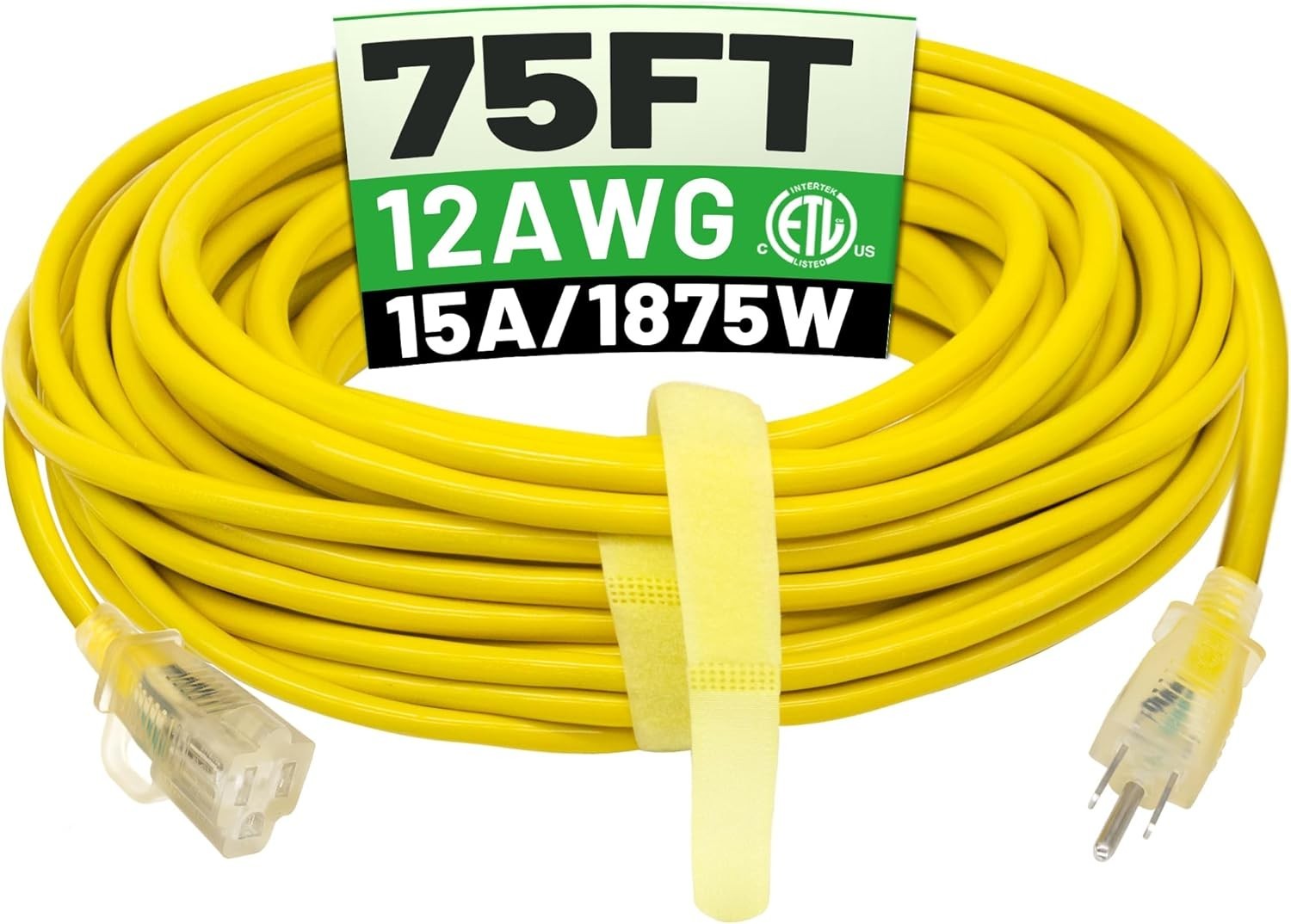 12/3 75 Ft Outdoor Extension Cord Waterproof Heavy Duty W/ Lighted Indicator 12