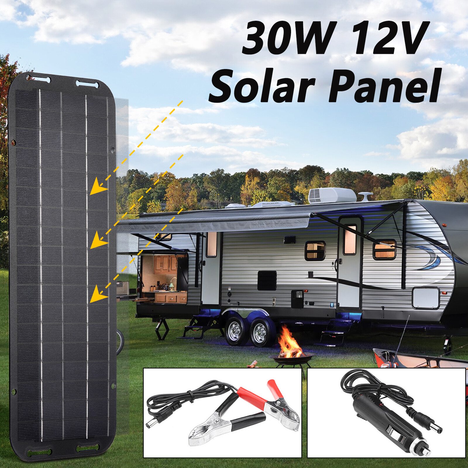 30W Solar Battery Trickle Charger Solar Panel Kit Battery Powered for RV Car Lot
