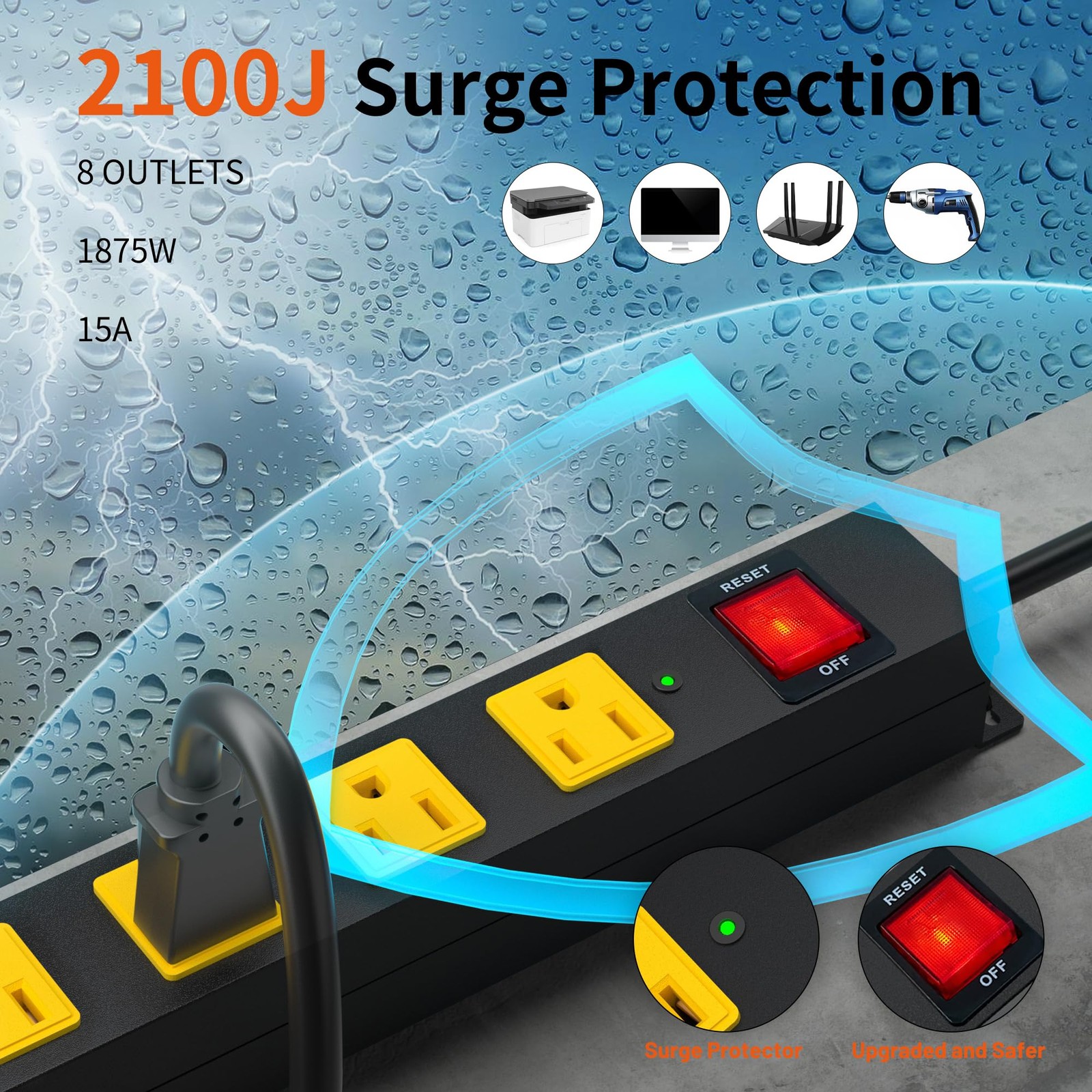 8 Outlet Metal Heavy Duty Long Power Strip, 2100J Surge Protector with 6 FT E…
