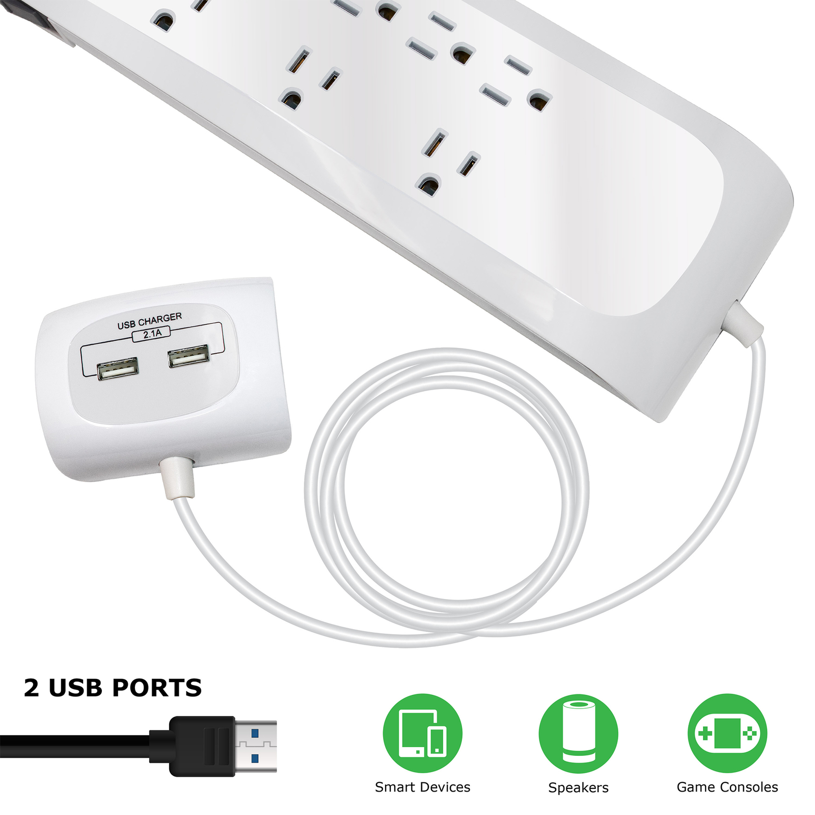 8 Outlet 25FT Surge Protector Power Strip with Separated 2 USB Ports Strip,White