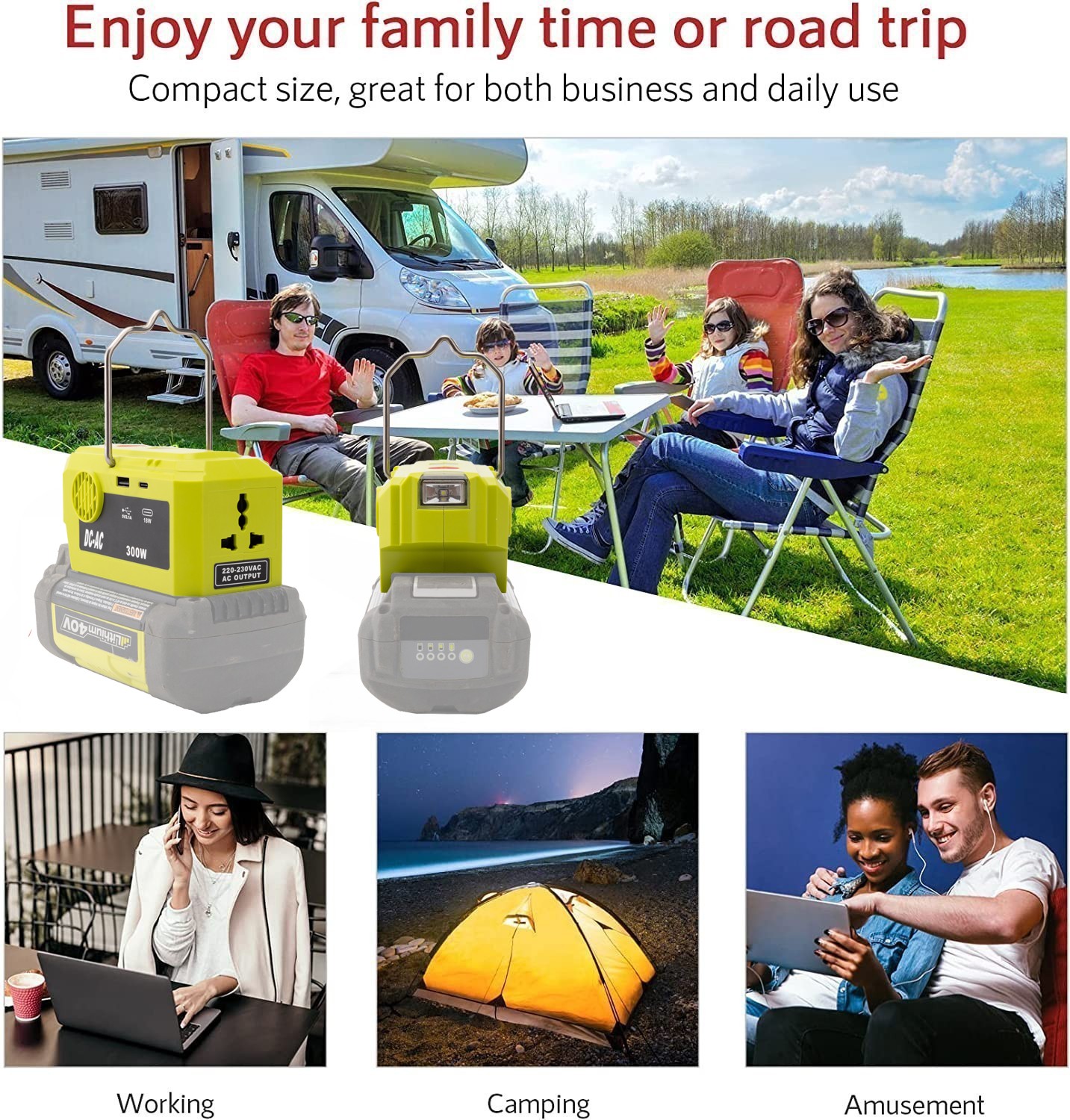 Battery Power Inverter DC 40V AC 110V-120V For Ryobi 40V Dual USB Type-c Outdoor