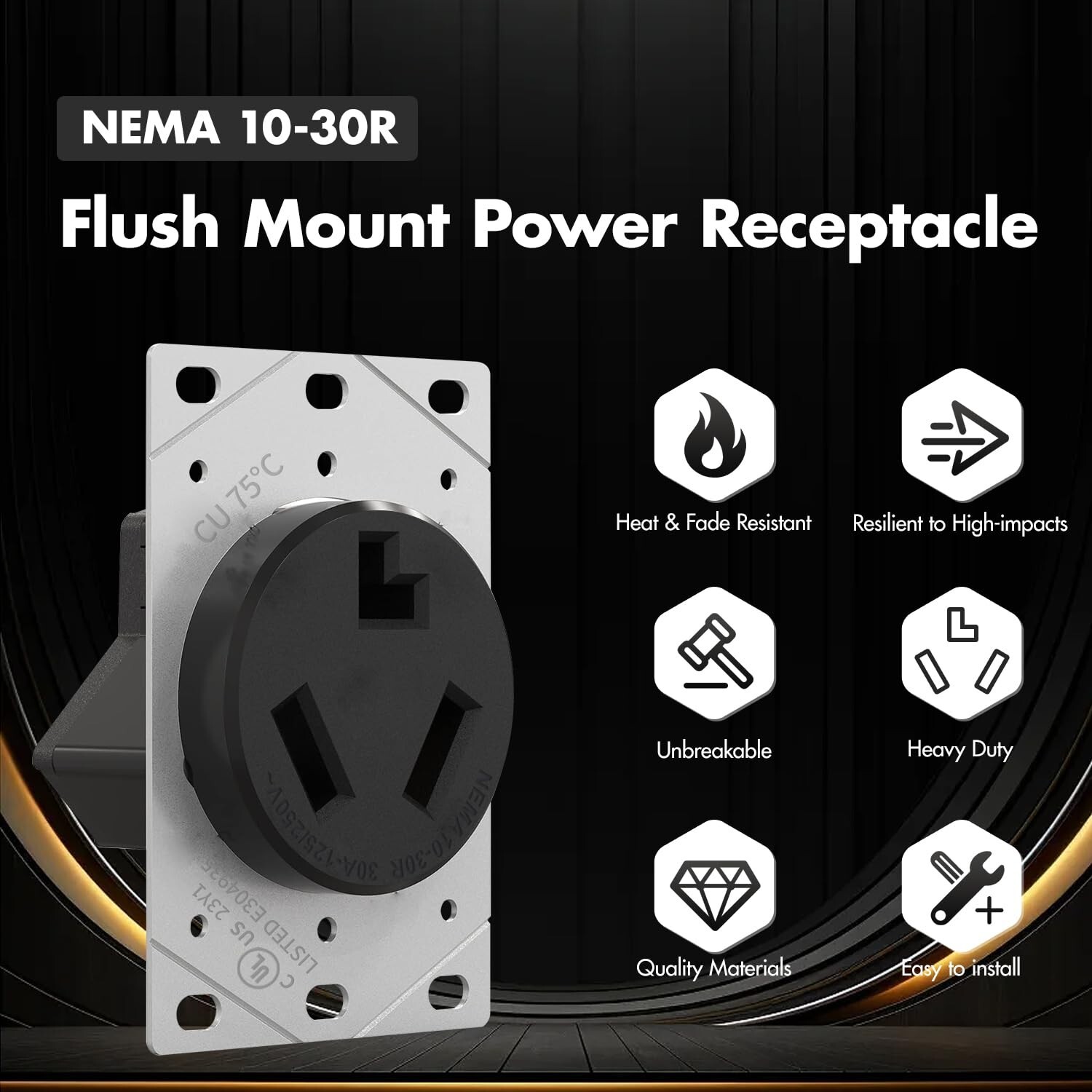 NEMA 10-30R,30 Amp Receptacle Flush Mounting Outlet, 3 Pole, 3 Wire 125V / 250V