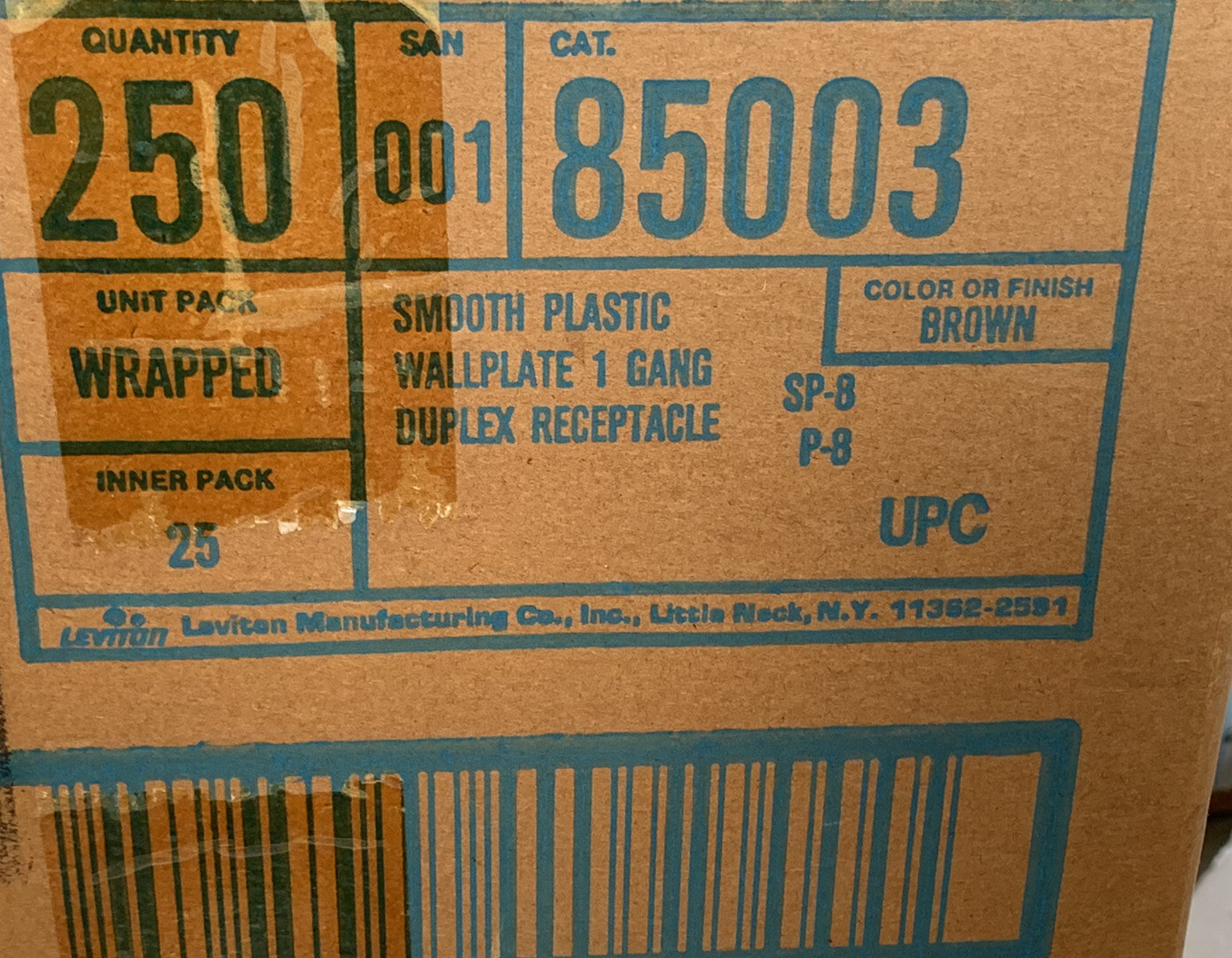 Leviton 85003, Case of 250, 1 gang Duplex Cover, Brown, Ea Case Has 10 Boxes 25