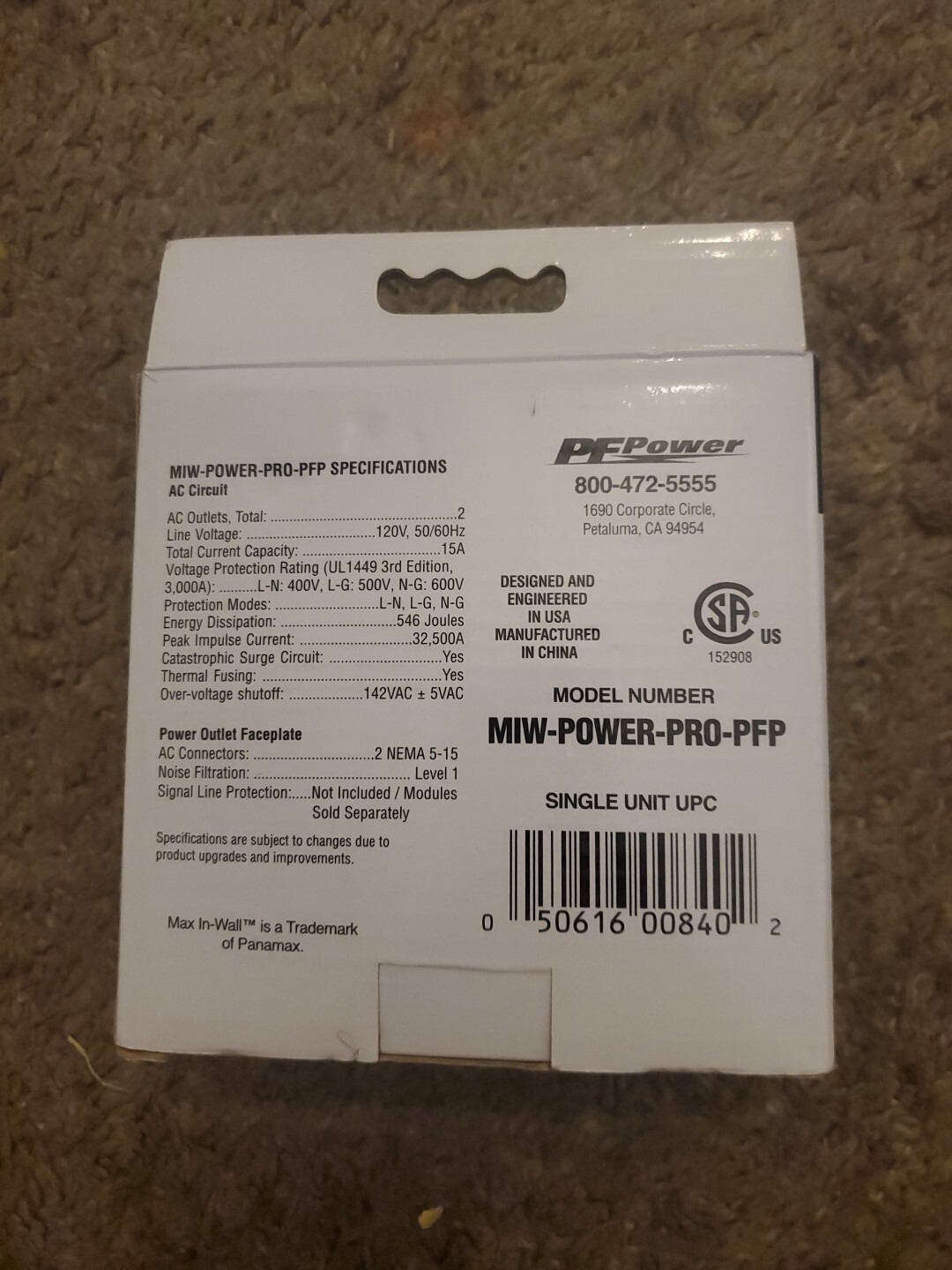 Panamax PFpOWER MIW-POWER-PRO-PFPIN in wall power 2 outlets surge protector EF