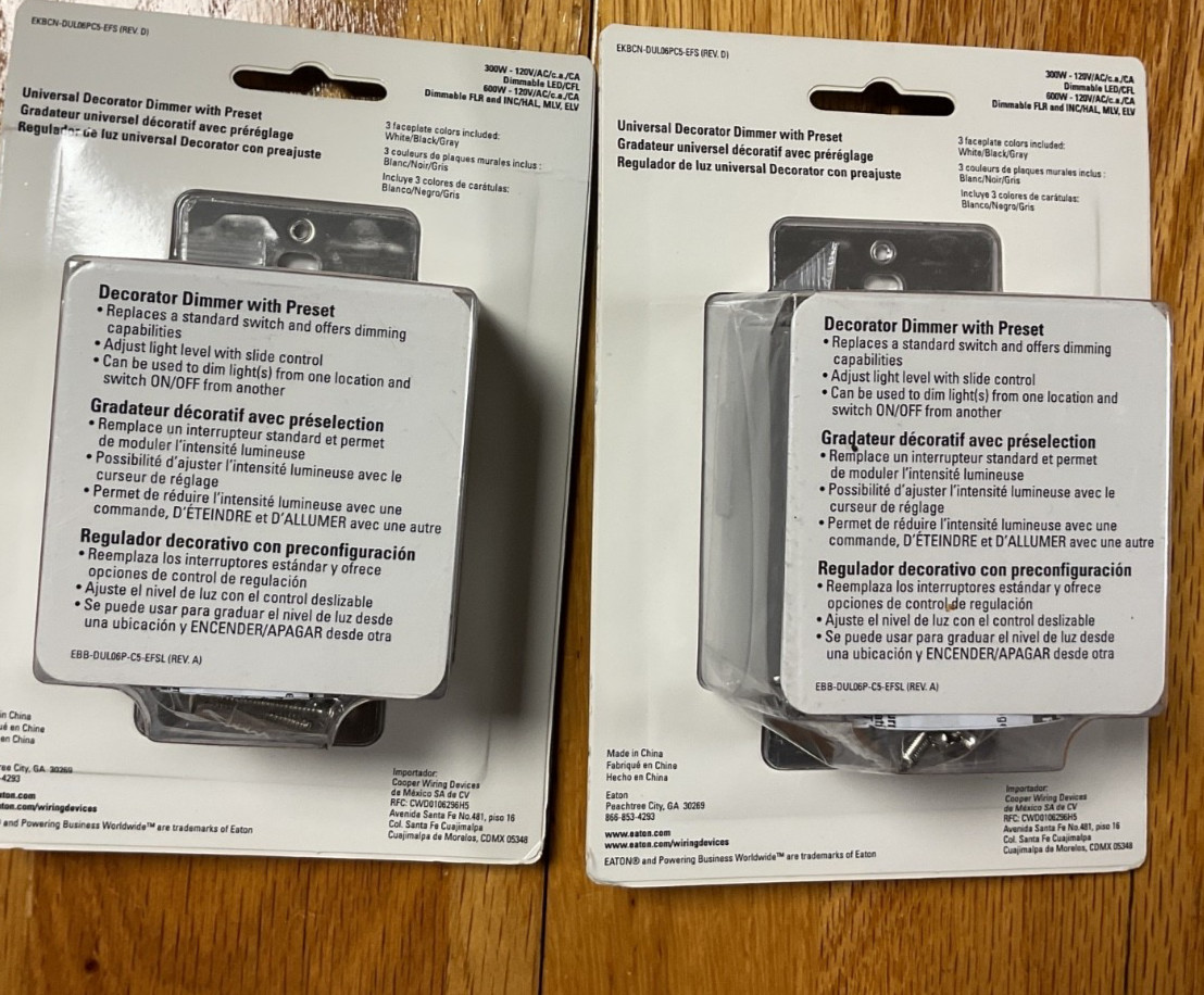 Lot of 2 Eaton Universal Decorator Dimmer With Preset White Black Gray