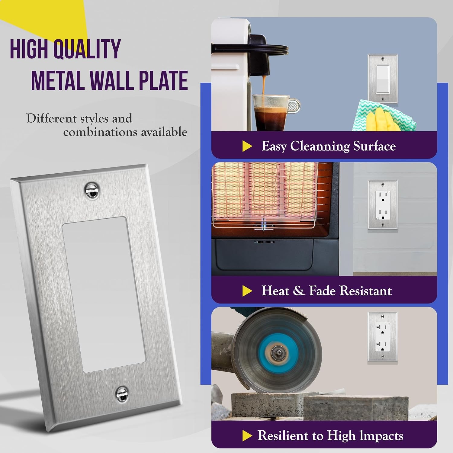Decorator Switch or Receptacle Outlet Metal Wall Plate, Corrosion Resistant,