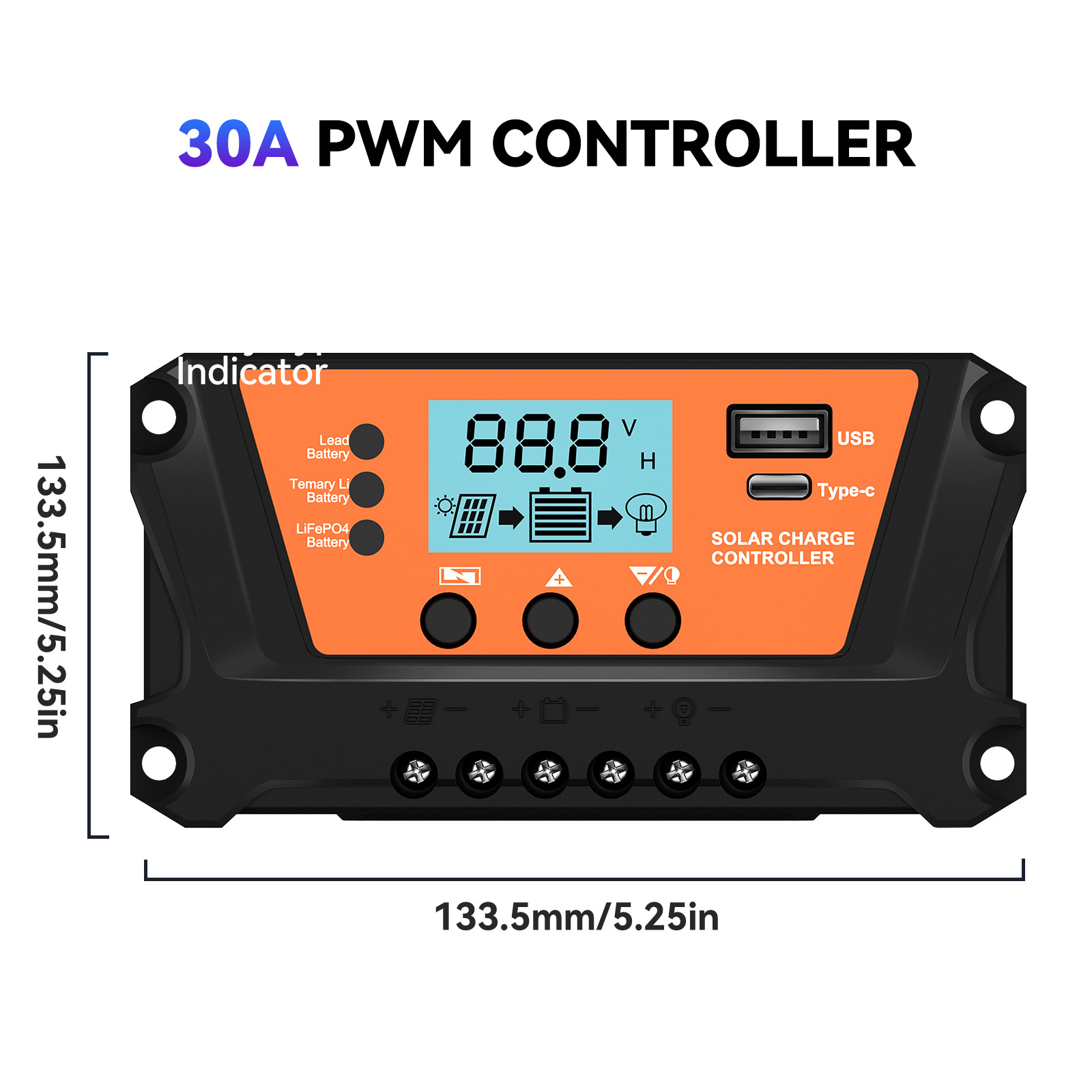 30 Solar Panel Battery Charge Controller 12V/24V USB Type-C Auto Regulator LCD