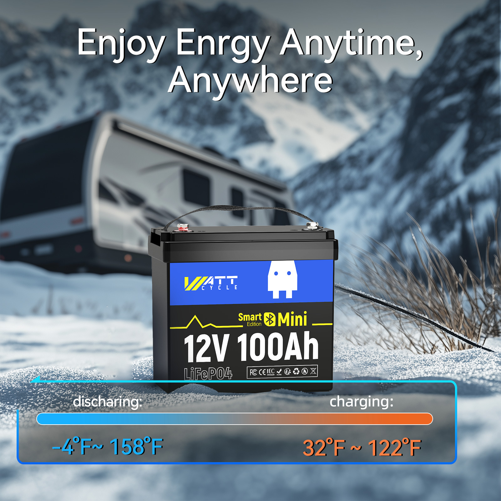 WattCycle 12V 100Ah Lithium Deep Cycle Battery Bluetooth for RV Solar Off-Grid