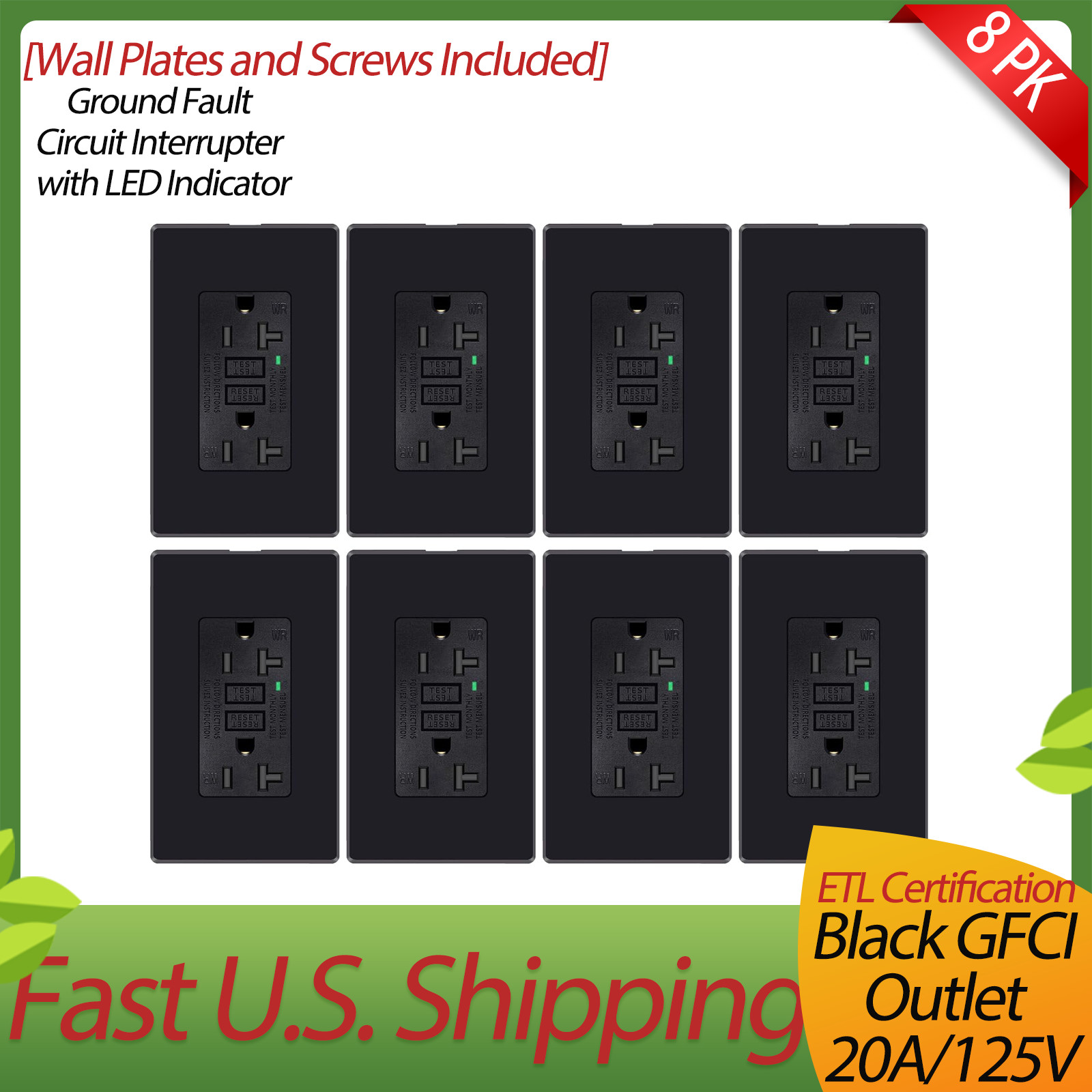 8 x 20A Black ETL GFCI Outlet Wall Tamper Resistant Receptacle ,ETL Certificatio