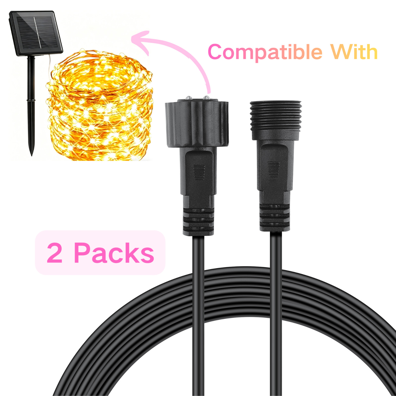 2Pack Waterproof 6 Ft Extension Cable Aka Wire for Solar Outdoor String Lights