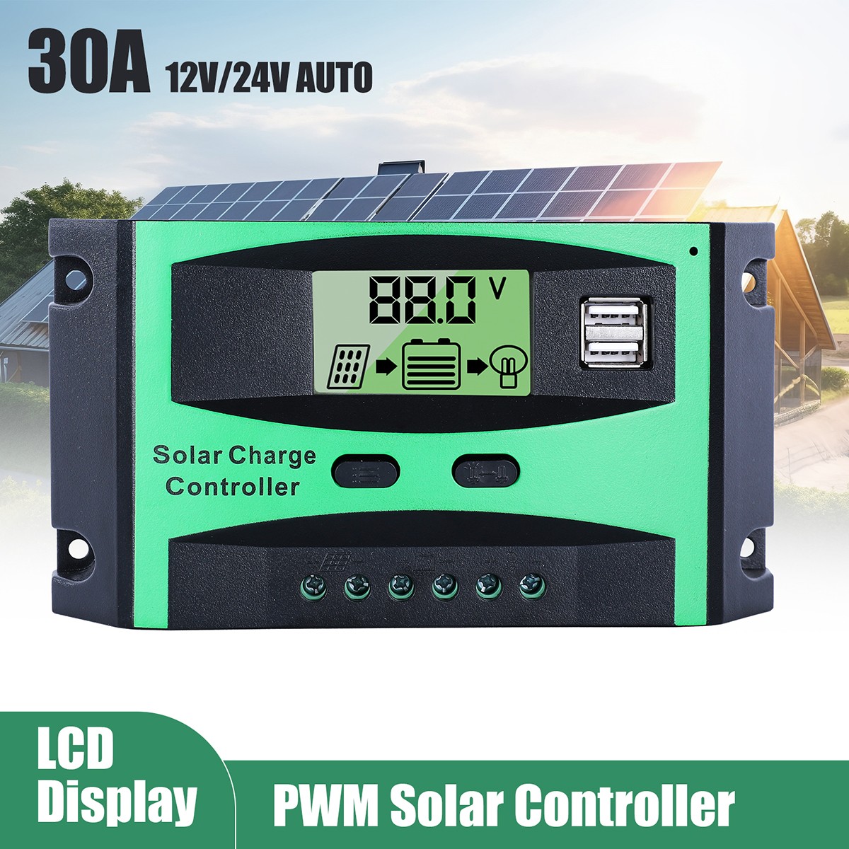 30A Solar Panel Battery Charge Controller 12V/24V LCD Regulator Auto Dual USB US