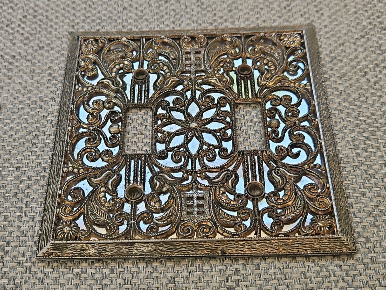 Antique Brass Filigree Detail 2 Gang Toggle Metal Wall Plate Light Switch Cover