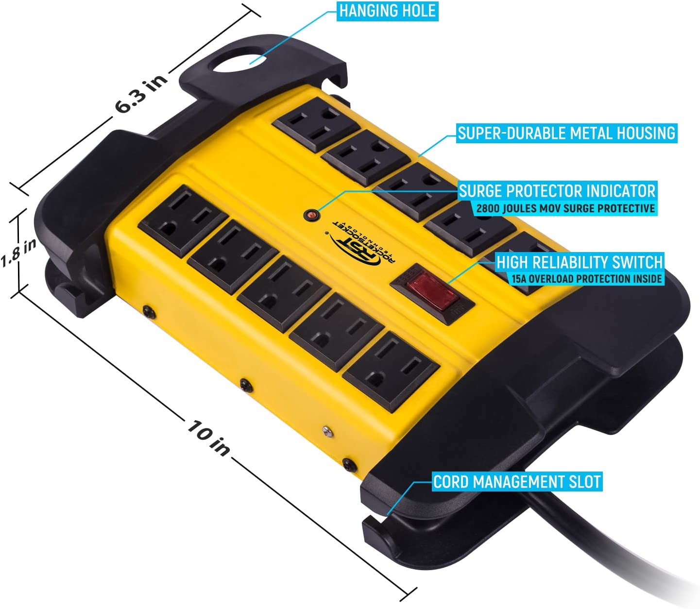 10-Outlets Heavy Duty Power Strip Metal Surge Protector with 15 Amps, 15-Foot Po